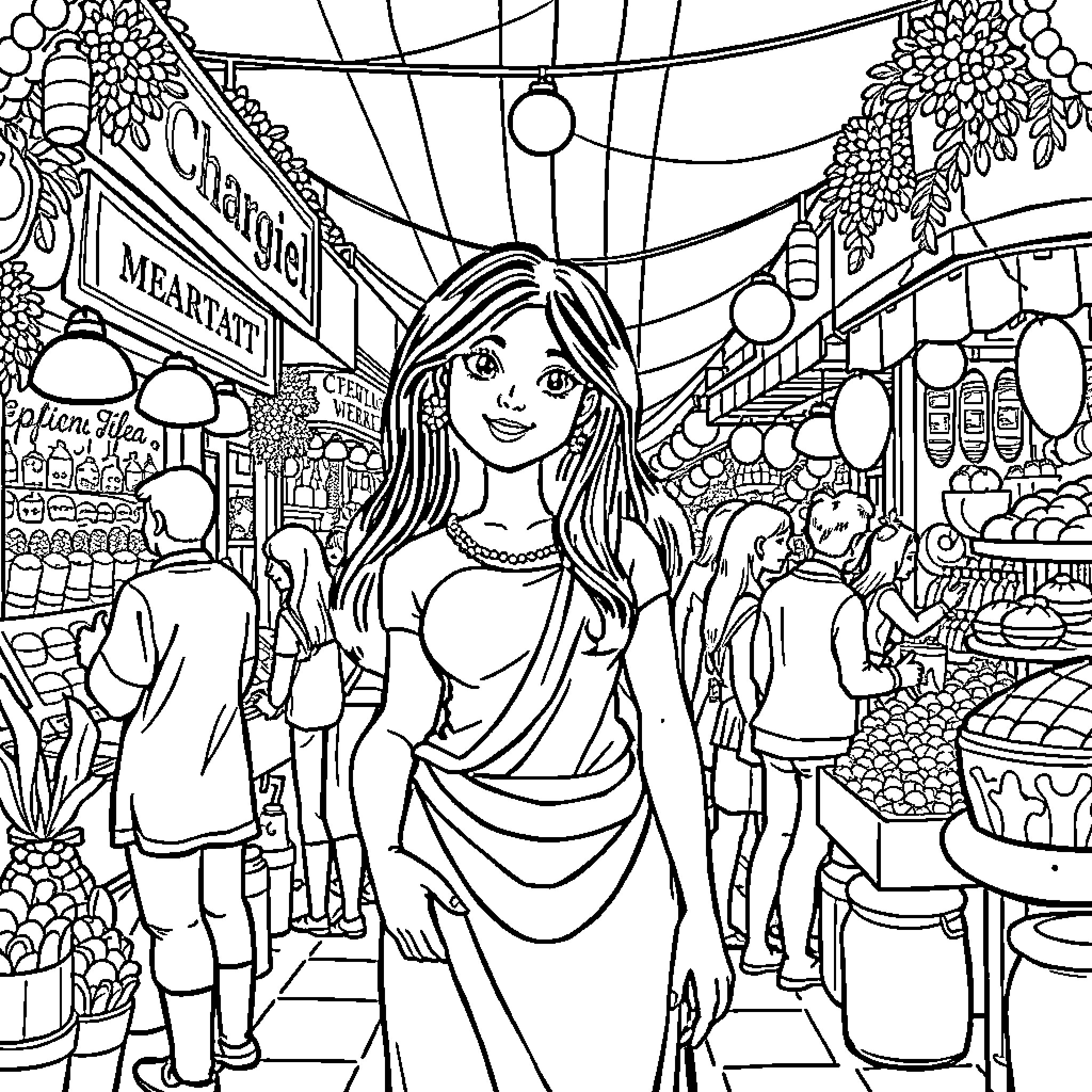 Mona's Adventure in the Bustling Marketplace Coloring Page (free black-and-white line drawing printable PDF for all, from beginners to advanced learners, including children, teens, adults, and seniors)