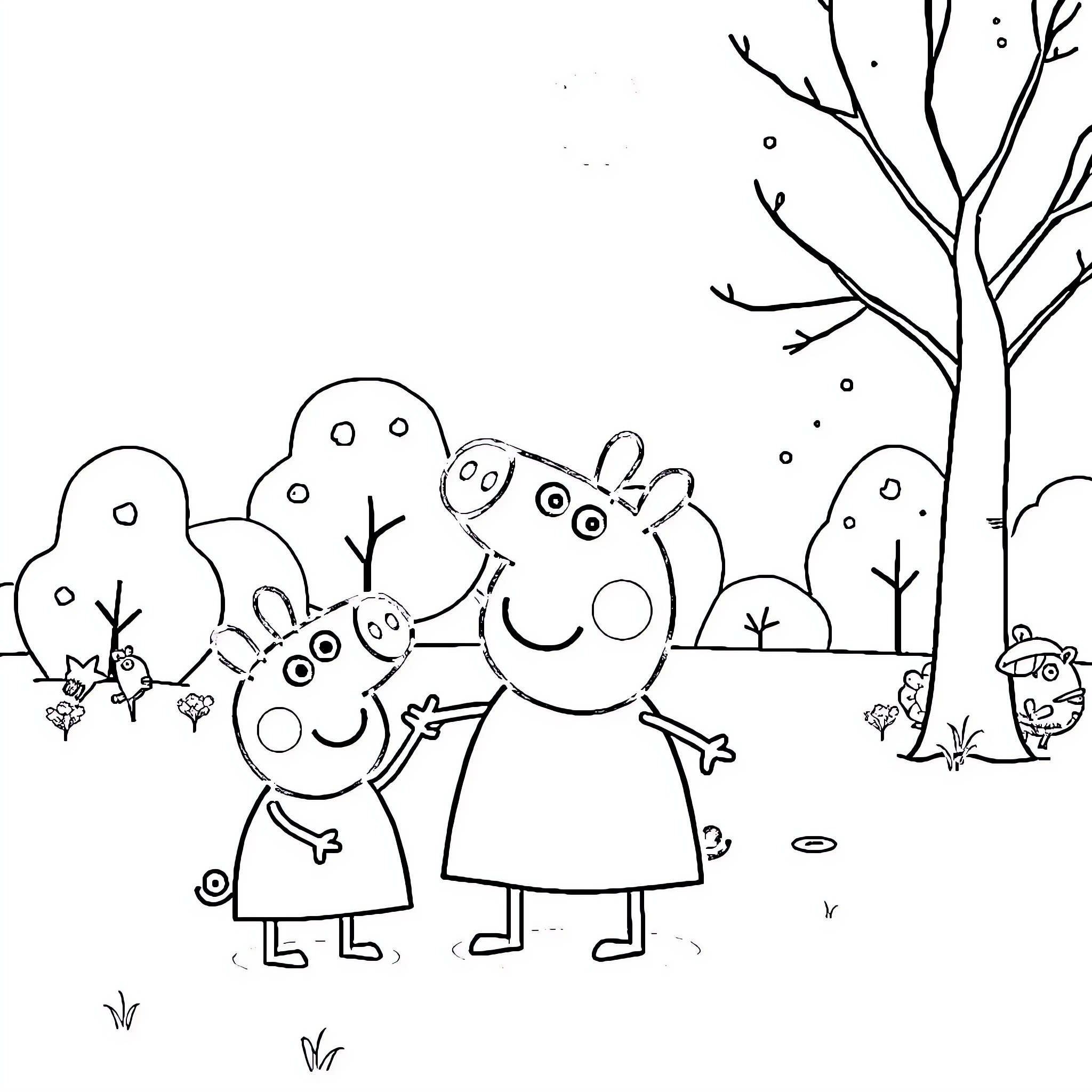 Peppa Pig and Family Enjoying Nature Outdoors Coloring Page (free black-and-white line drawing printable PDF for all, from beginners to advanced learners, including children, teens, adults, and seniors)