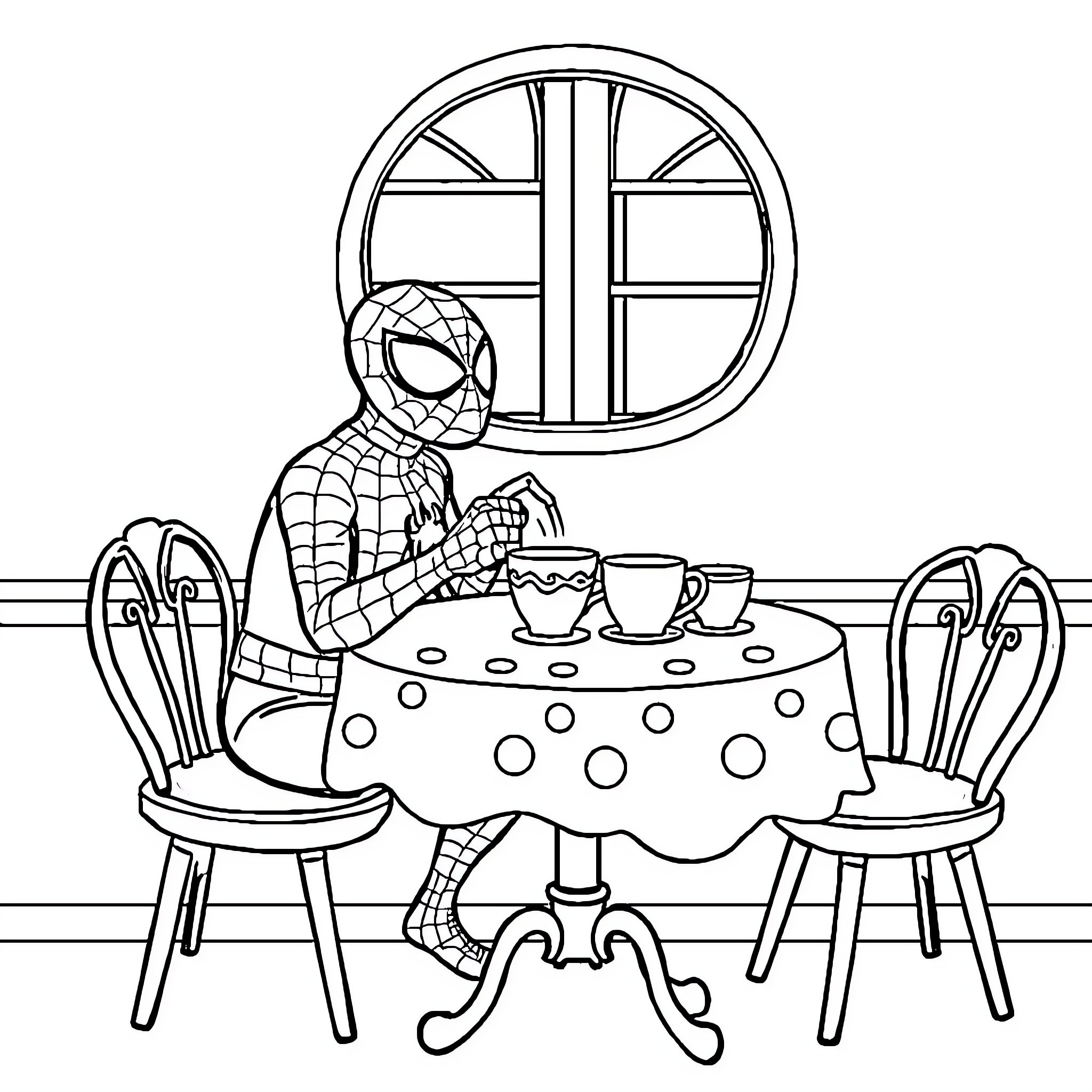 Spiderman enjoying a cozy tea time at home Coloring Page (free black-and-white line drawing printable PDF for all, from beginners to advanced learners, including children, teens, adults, and seniors)