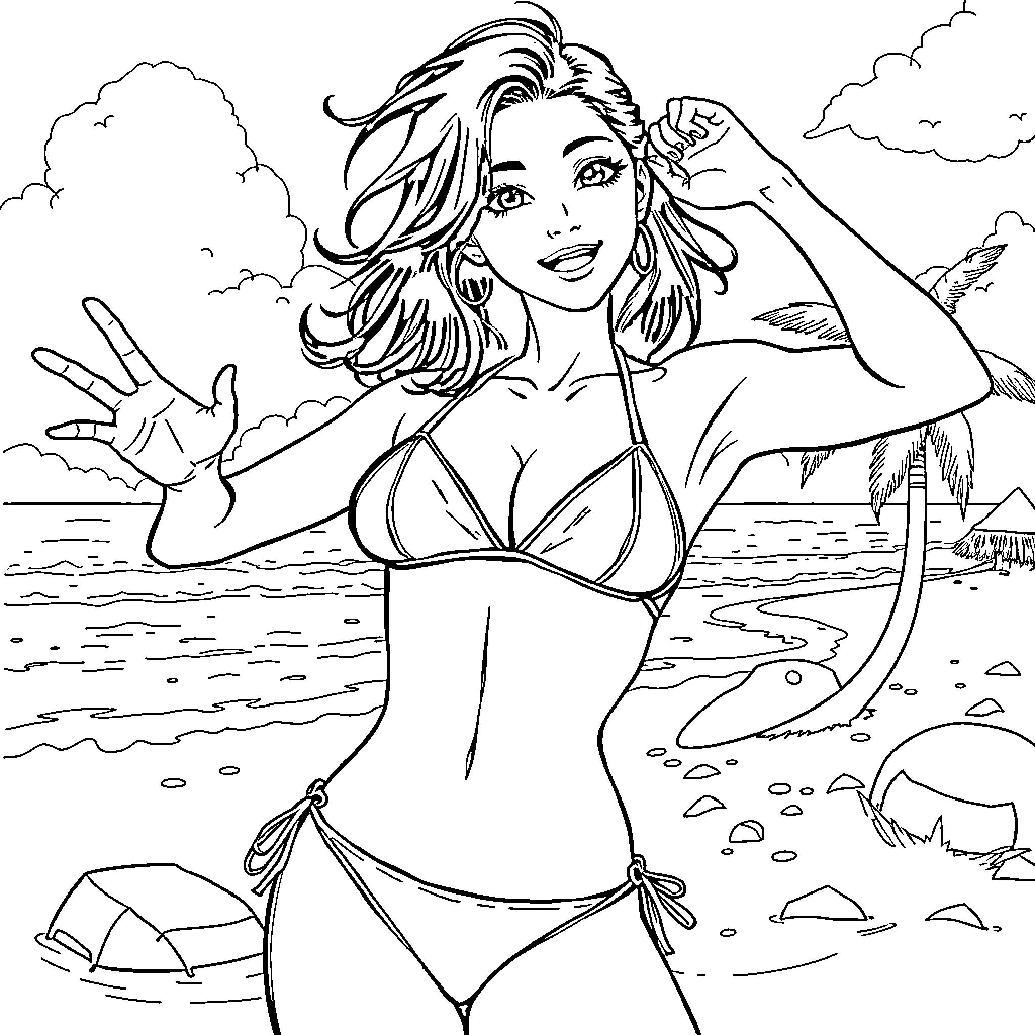 Kanan Matsuura enjoying summer day on the beach Coloring Page (free black-and-white line drawing printable PDF for all, from beginners to advanced learners, including children, teens, adults, and seniors)