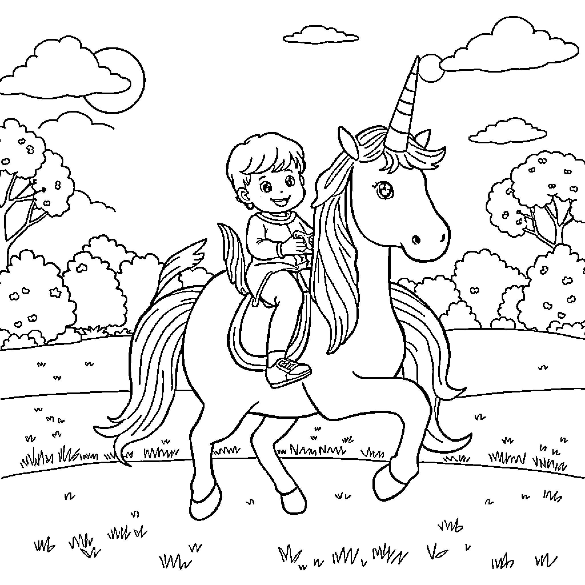 Unicorn carrying a joyful child through a magical landscape Coloring Page (free black-and-white line drawing printable PDF for all, from beginners to advanced learners, including children, teens, adults, and seniors)