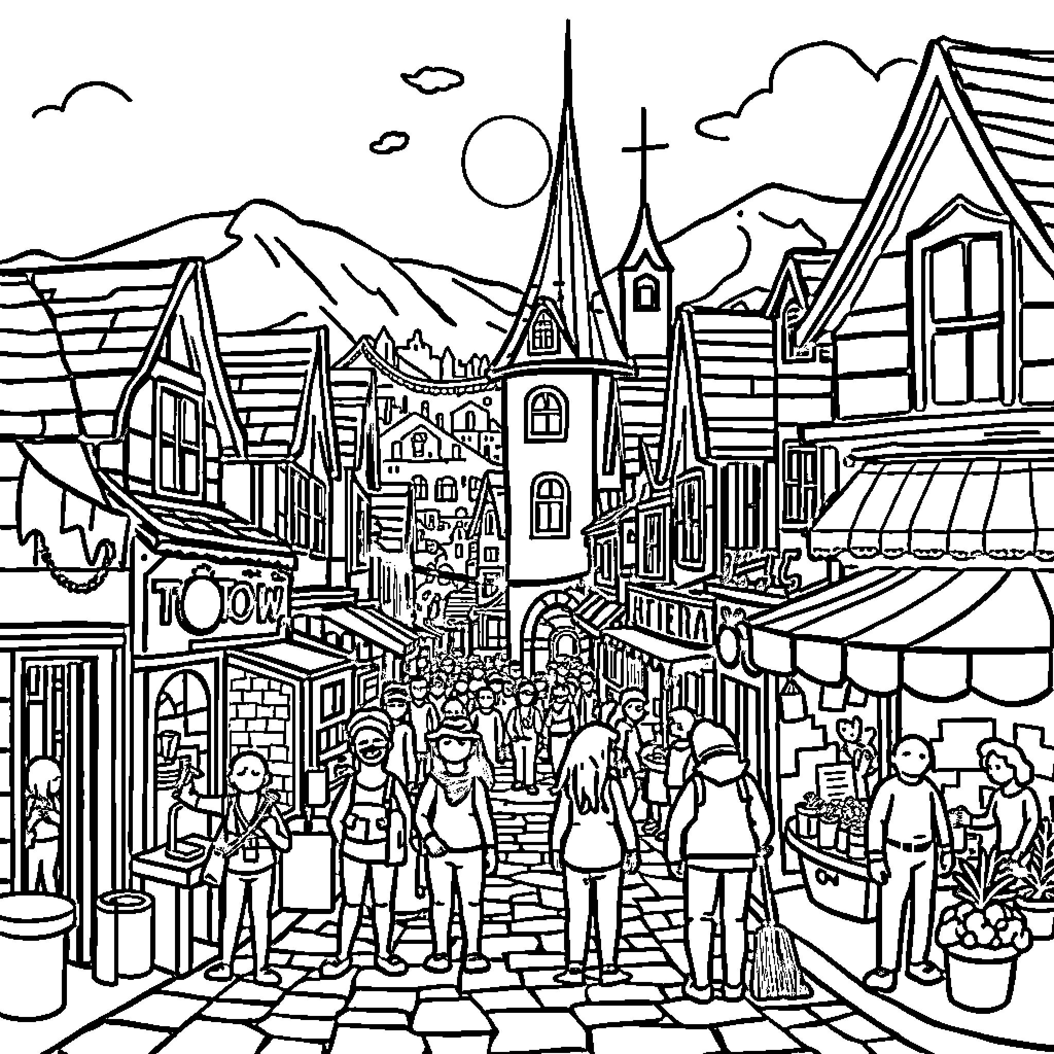 Tom explores the bustling town square with vibrant architecture Coloring Page (free black-and-white line drawing printable PDF for all, from beginners to advanced learners, including children, teens, adults, and seniors)
