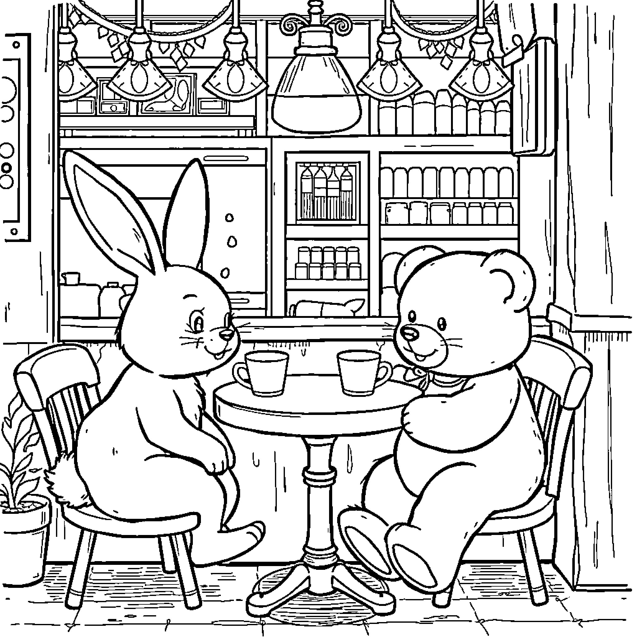 Friend's Cozy Cafe Chat Coloring Page (free black-and-white line drawing printable PDF for all, from beginners to advanced learners, including children, teens, adults, and seniors)