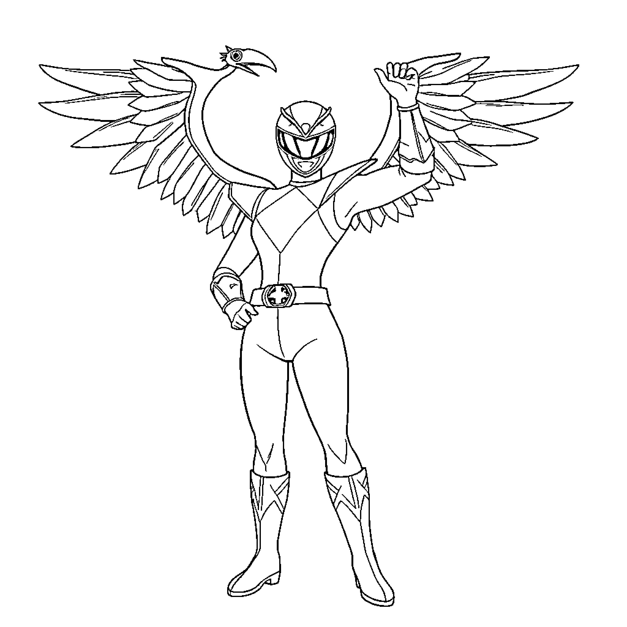 Power Ranger with Majestic Winged Costume in Action Coloring Page (free black-and-white line drawing printable PDF for all, from beginners to advanced learners, including children, teens, adults, and seniors)