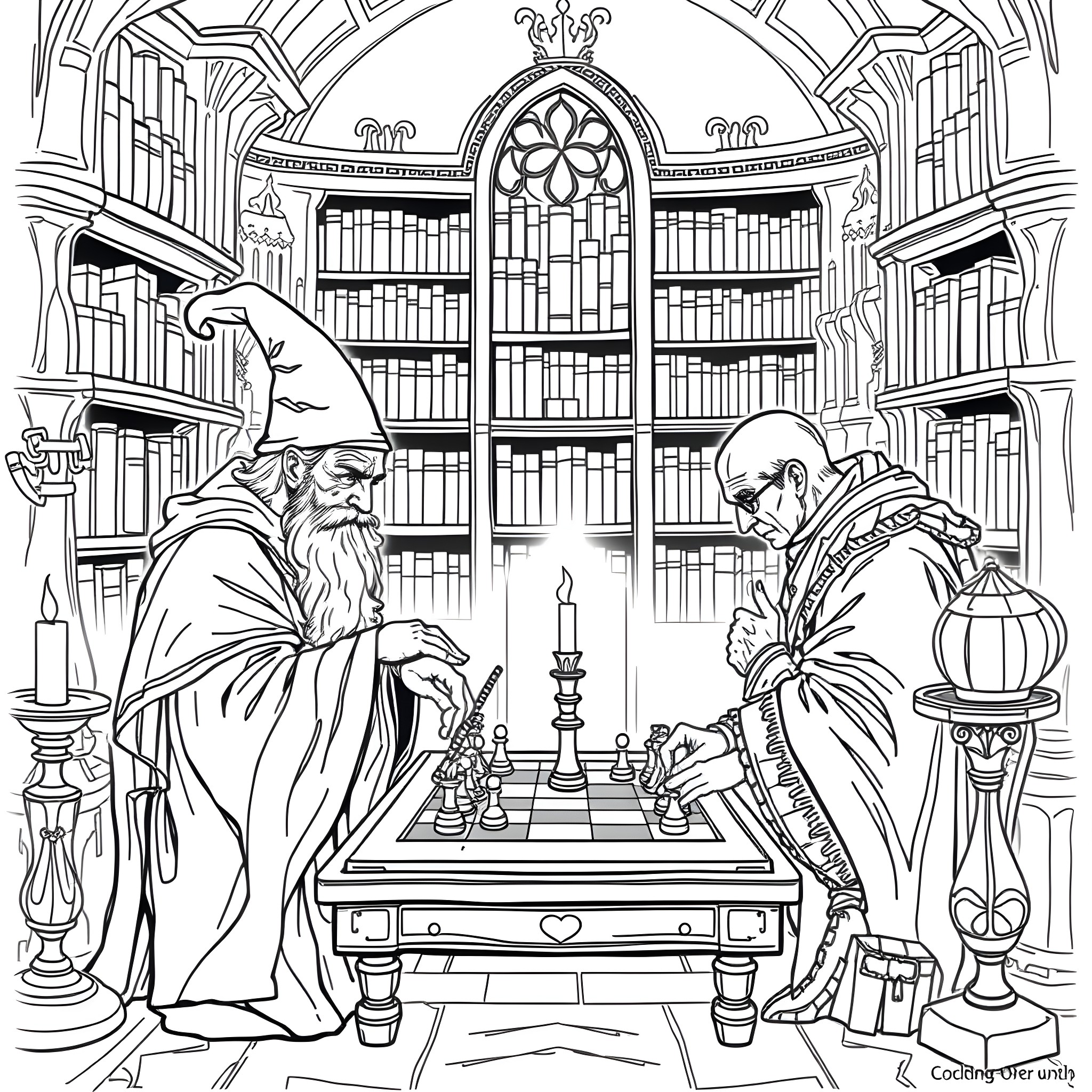 Wizard chess masters in the grand library Coloring Page (free black-and-white line drawing printable PDF for all, from beginners to advanced learners, including children, teens, adults, and seniors)