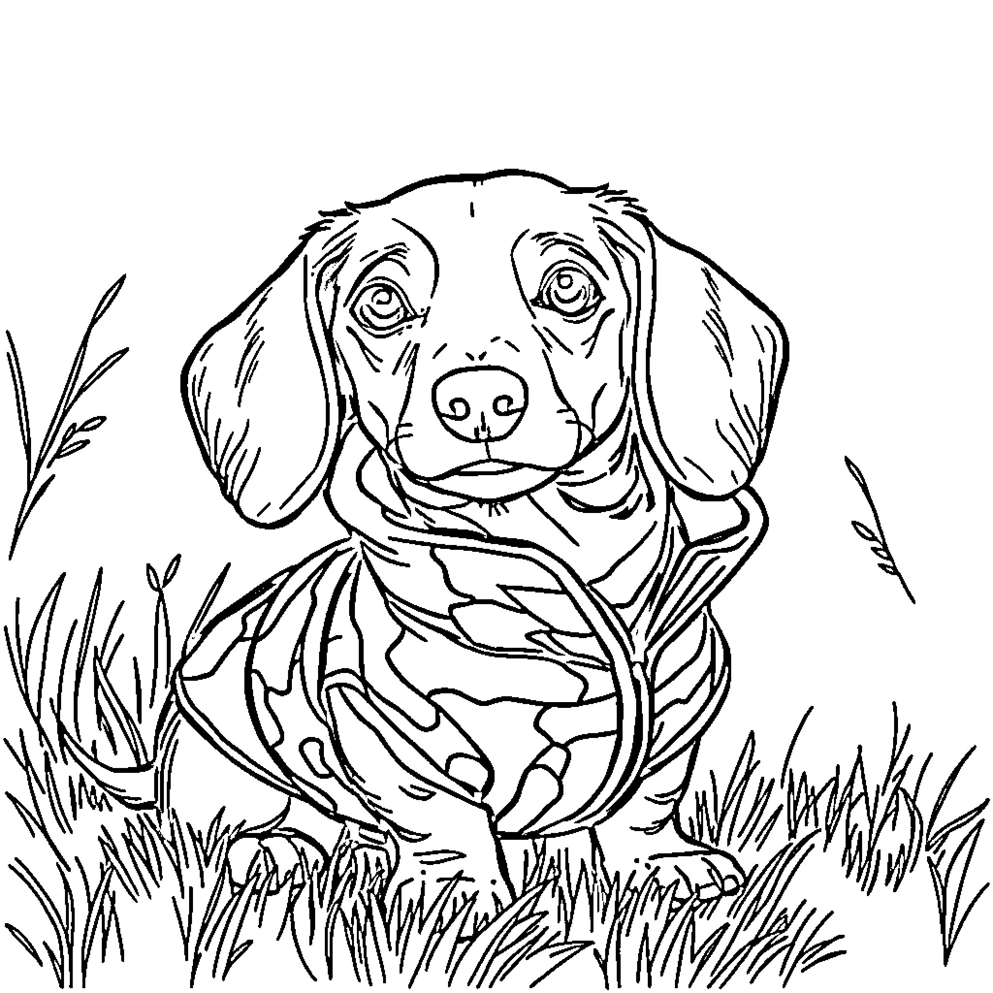 Dachshund exploring the outdoors with curiosity Coloring Page (free black-and-white line drawing printable PDF for all, from beginners to advanced learners, including children, teens, adults, and seniors)