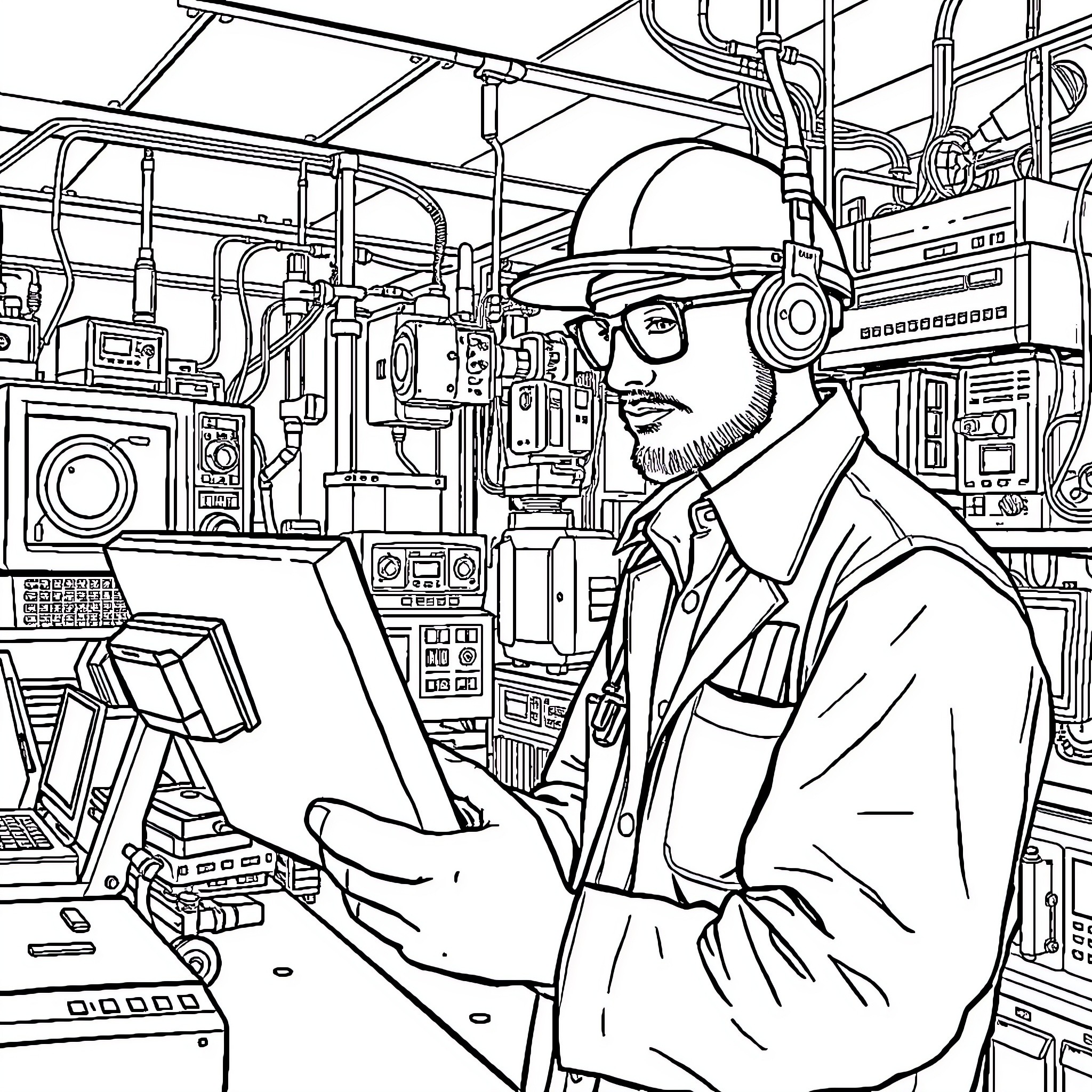 Electrical Engineer inspecting complex control panel Coloring Page (free black-and-white line drawing printable PDF for all, from beginners to advanced learners, including children, teens, adults, and seniors)