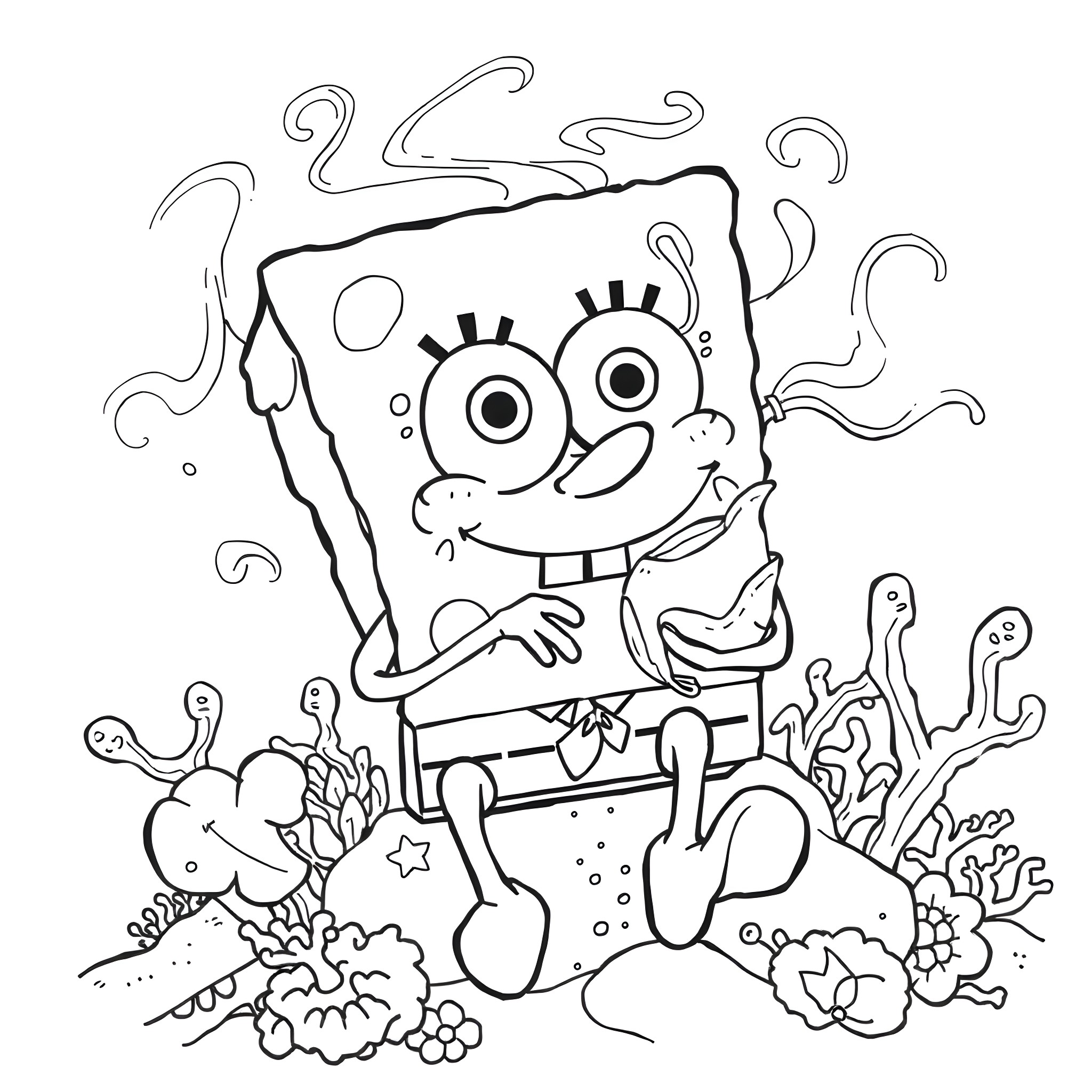 Spongebob enjoying the underwater scenery Coloring Page (free black-and-white line drawing printable PDF for all, from beginners to advanced learners, including children, teens, adults, and seniors)