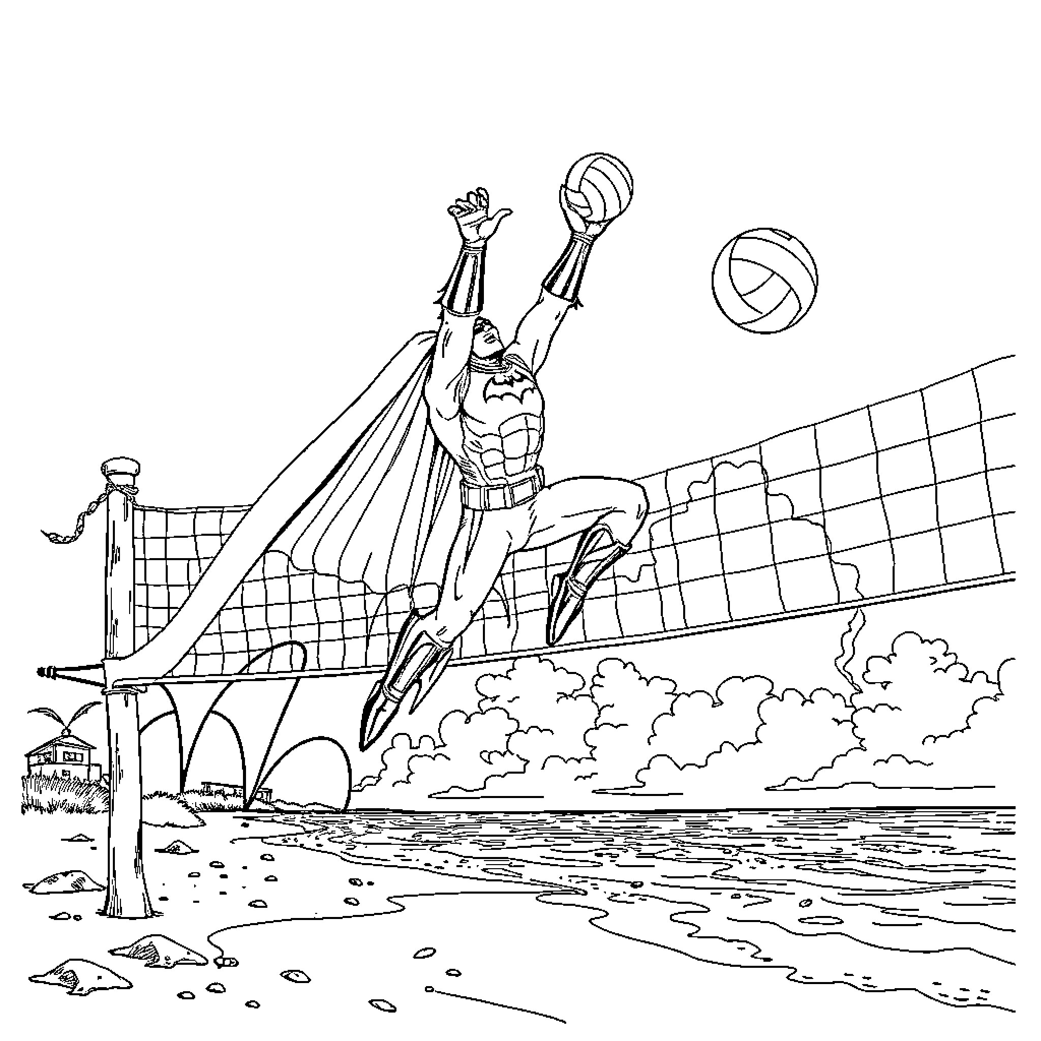 Batman leaping to spike the volleyball on the beach Coloring Page (free black-and-white line drawing printable PDF for all, from beginners to advanced learners, including children, teens, adults, and seniors)