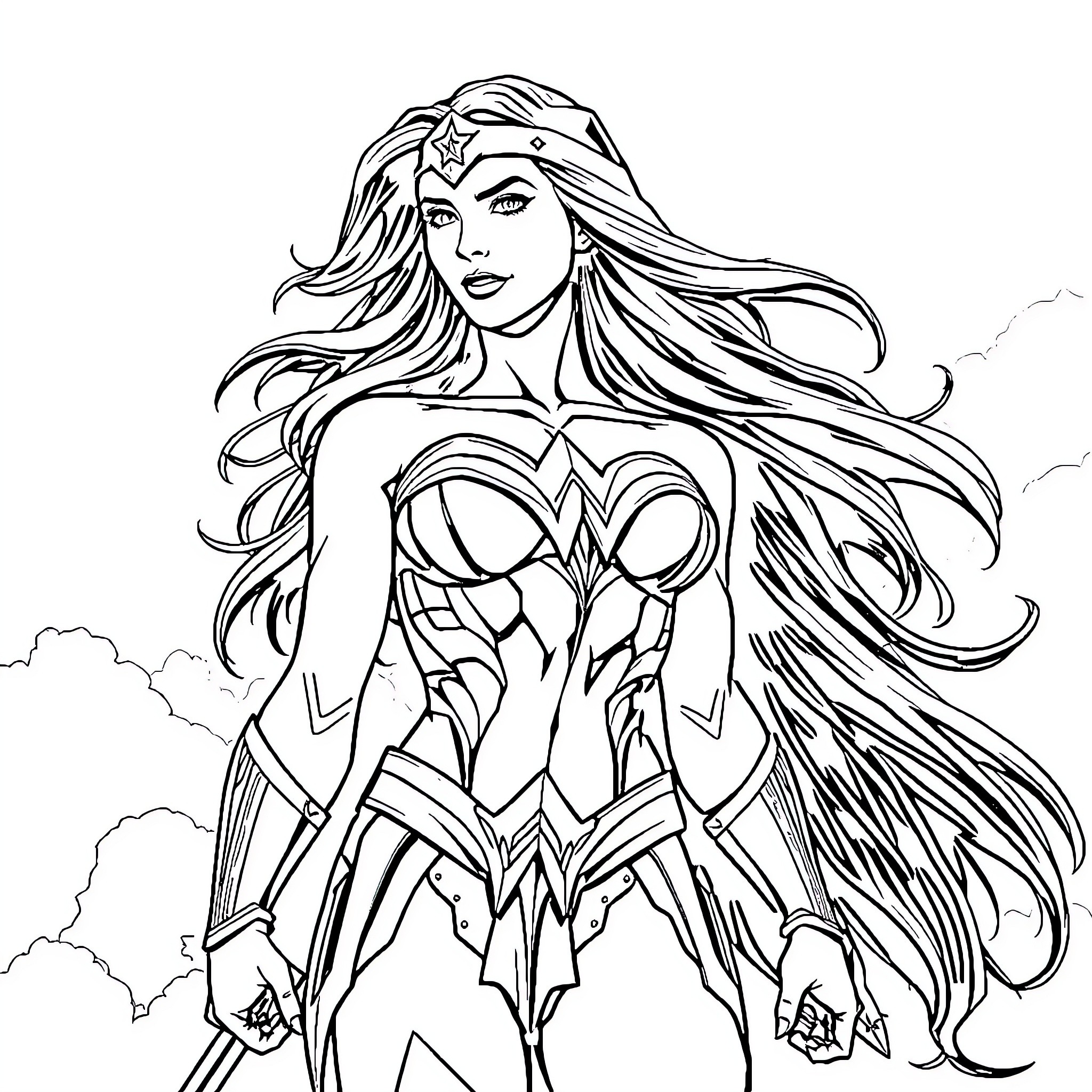 Wonder Woman in heroic action pose with long flowing hair Coloring Page (free black-and-white line drawing printable PDF for all, from beginners to advanced learners, including children, teens, adults, and seniors)