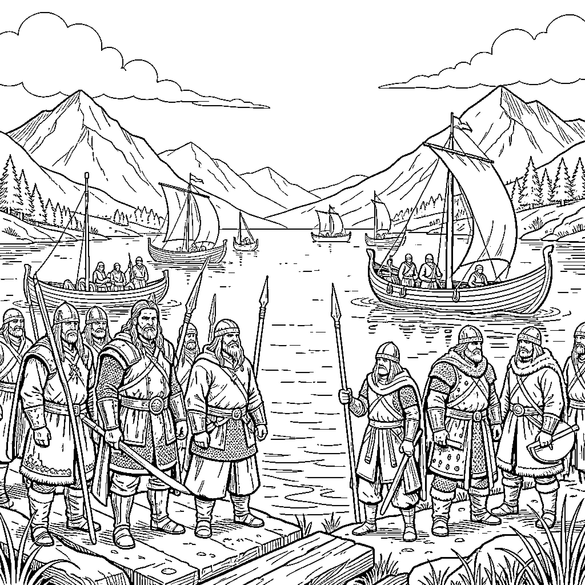 Vinland Saga warriors standing near ships by the coast Coloring Page (free black-and-white line drawing printable PDF for all, from beginners to advanced learners, including children, teens, adults, and seniors)