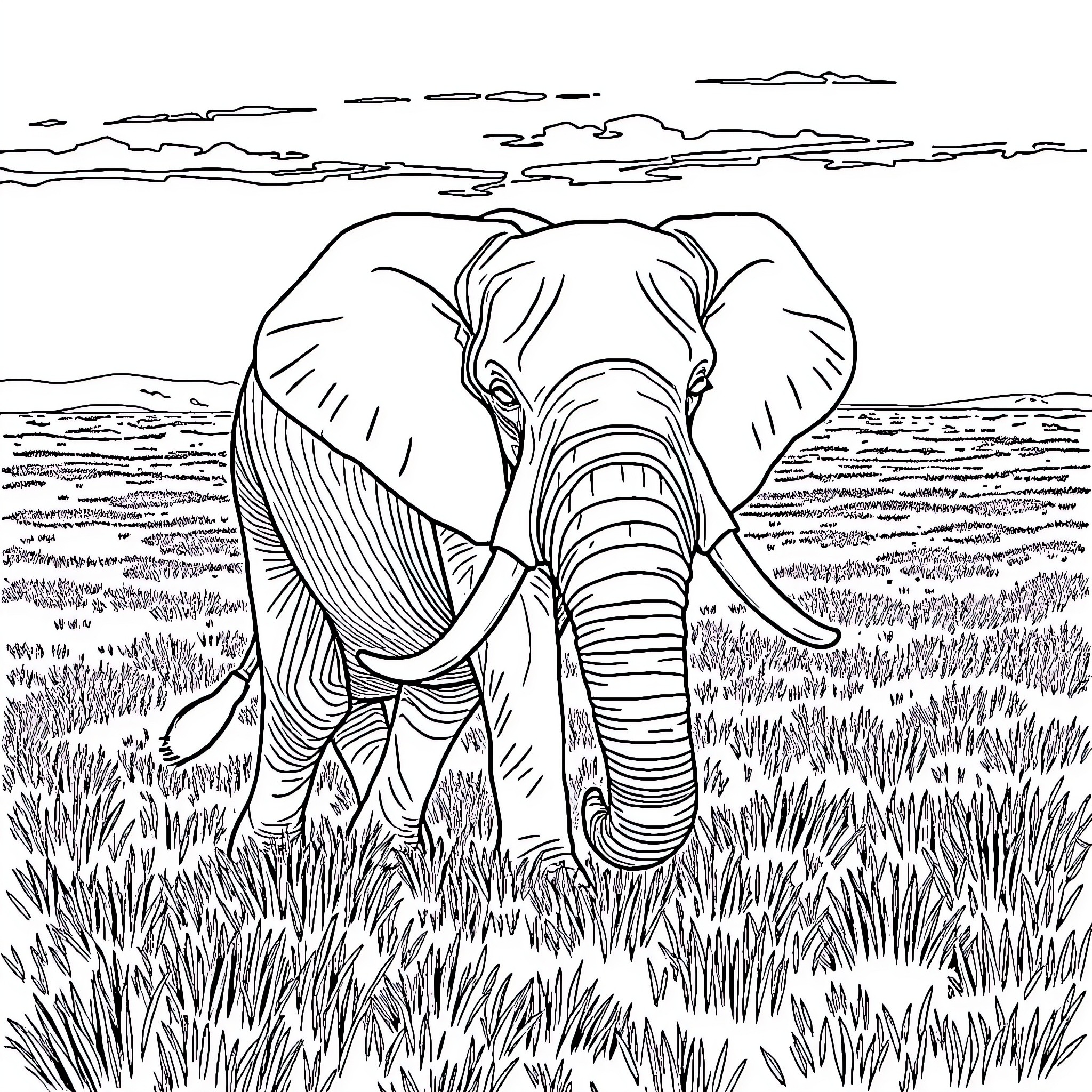 Elephant walking in the serene grassland Coloring Page (free black-and-white line drawing printable PDF for all, from beginners to advanced learners, including children, teens, adults, and seniors)