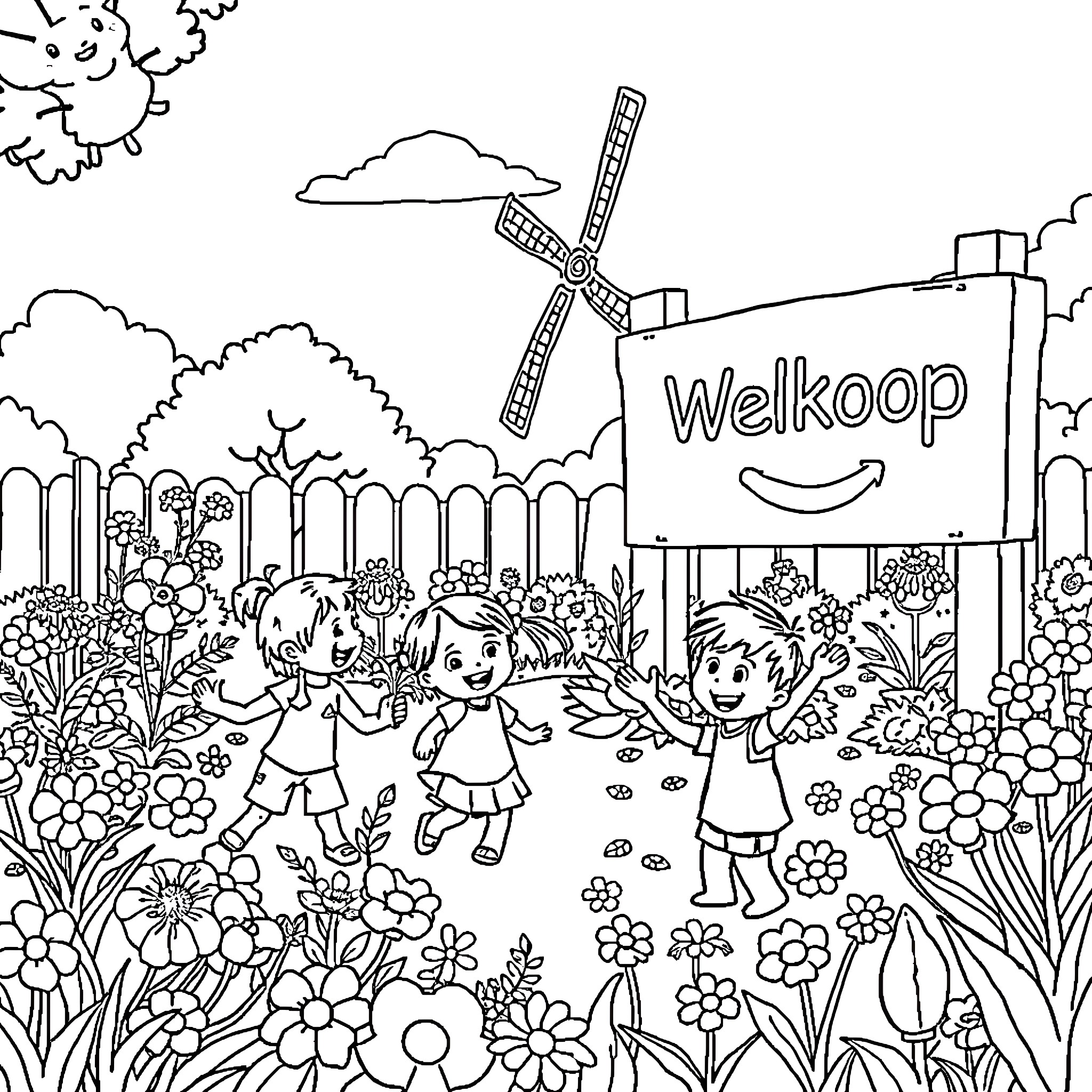 Kid playing and exploring in a whimsical garden Coloring Page (free black-and-white line drawing printable PDF for all, from beginners to advanced learners, including children, teens, adults, and seniors)
