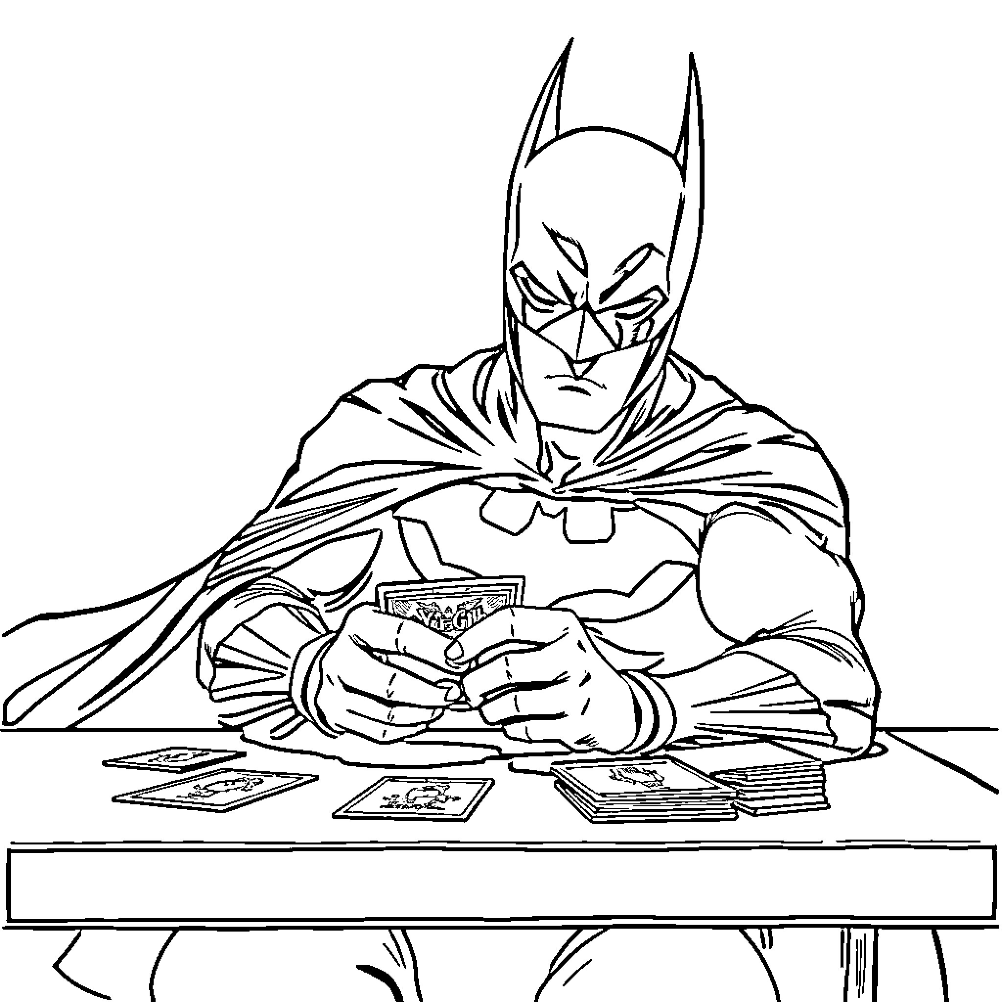 Batman Analyzing Crime Evidence on the Desk Coloring Page (free black-and-white line drawing printable PDF for all, from beginners to advanced learners, including children, teens, adults, and seniors)