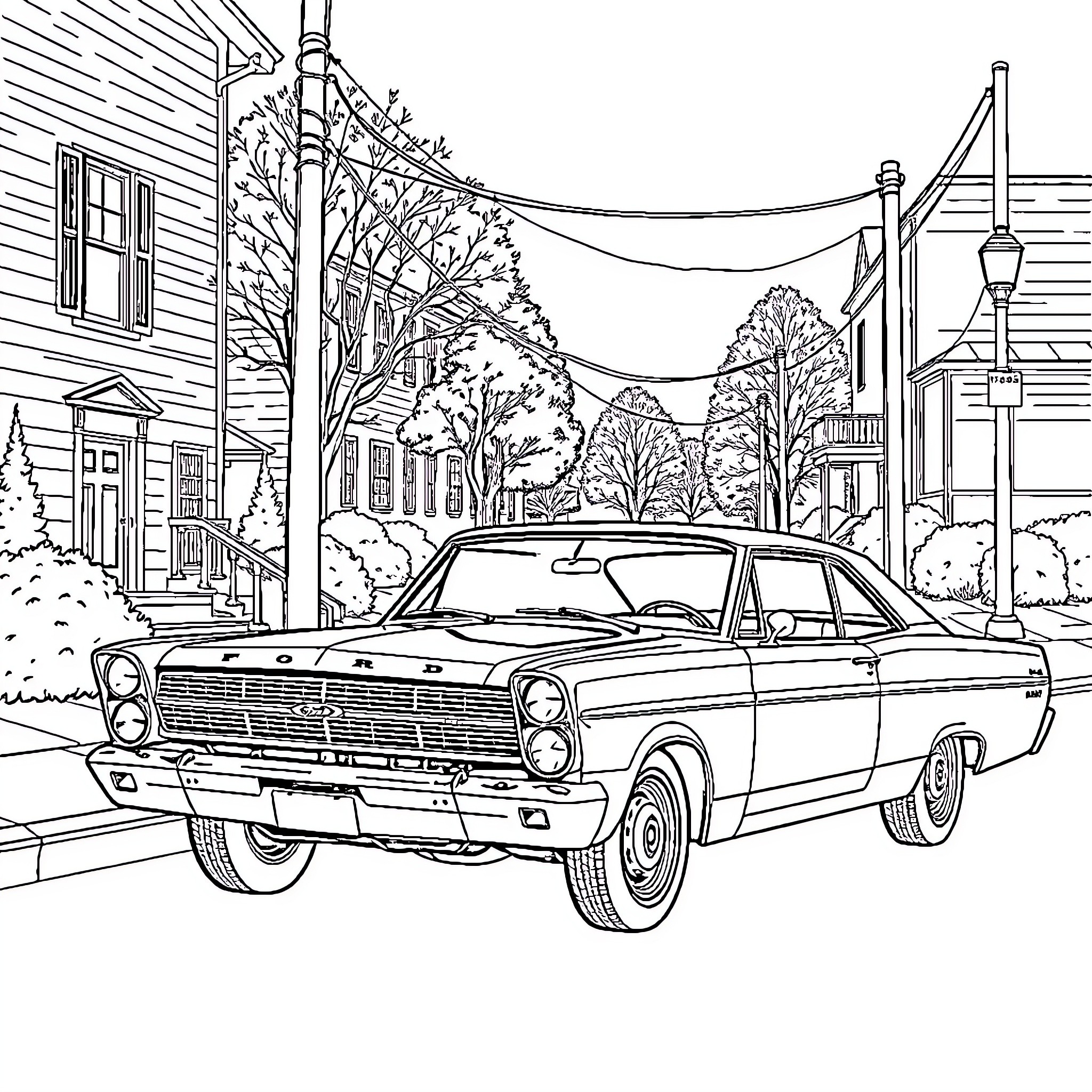 Ford Falcon vintage car in small town street scene Coloring Page (free black-and-white line drawing printable PDF for all, from beginners to advanced learners, including children, teens, adults, and seniors)