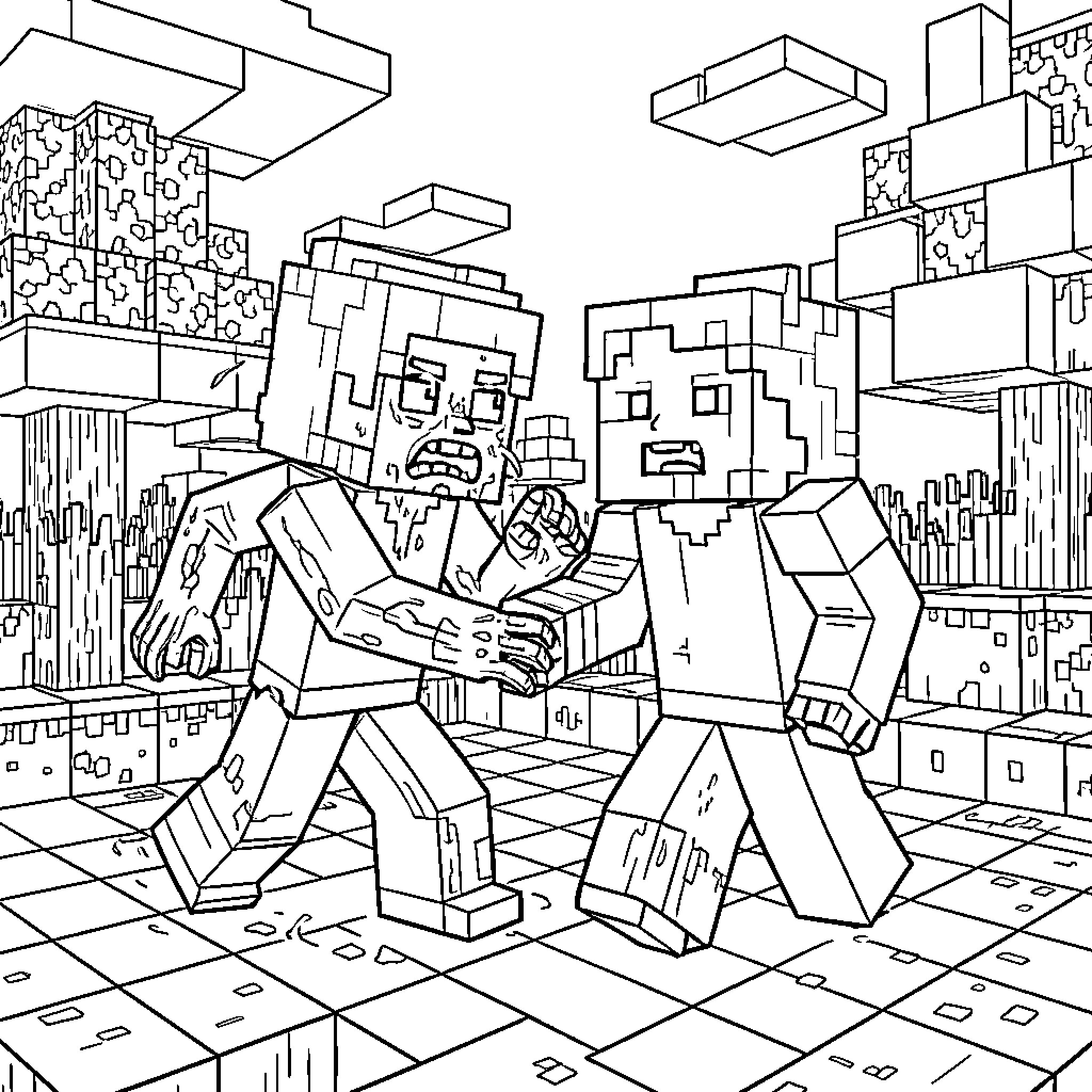 Zombie Hordes Attacking in a Dystopian Landscape Coloring Page (free black-and-white line drawing printable PDF for all, from beginners to advanced learners, including children, teens, adults, and seniors)