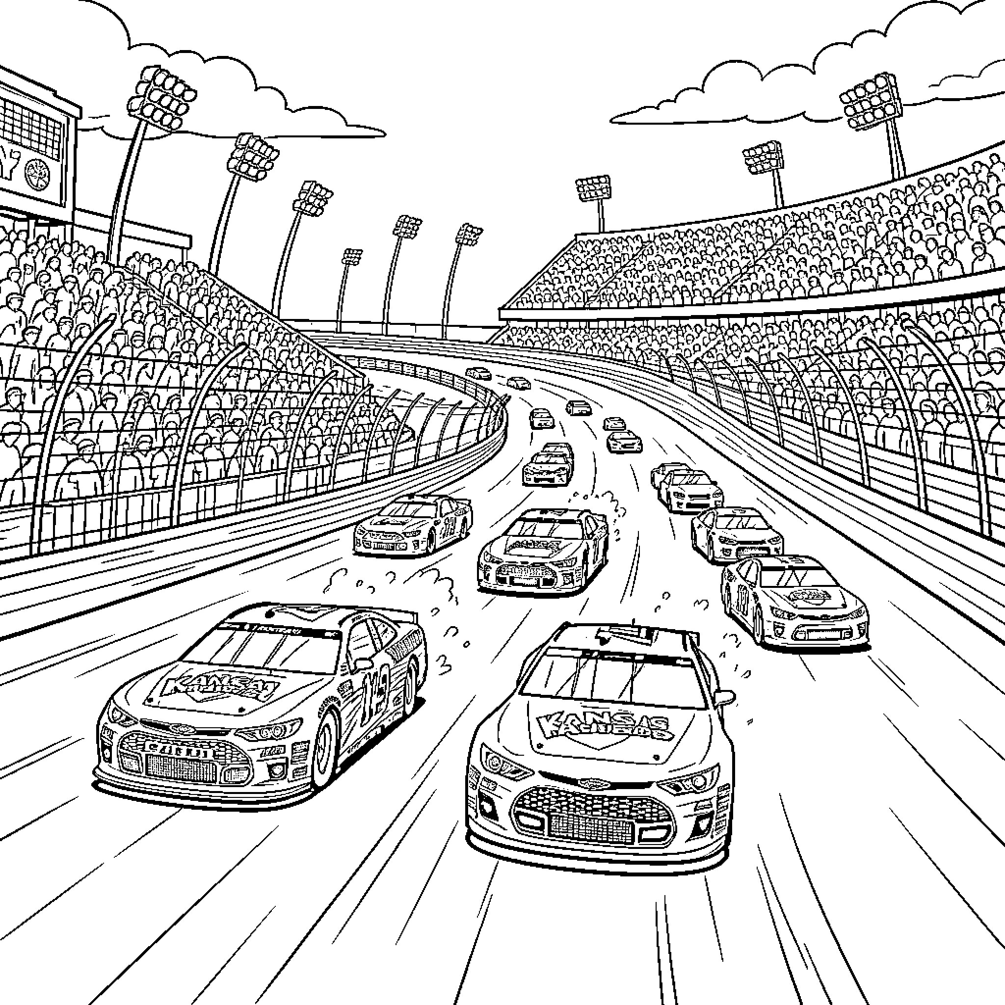 NASCAR racers speeding around the track Coloring Page (free black-and-white line drawing printable PDF for all, from beginners to advanced learners, including children, teens, adults, and seniors)