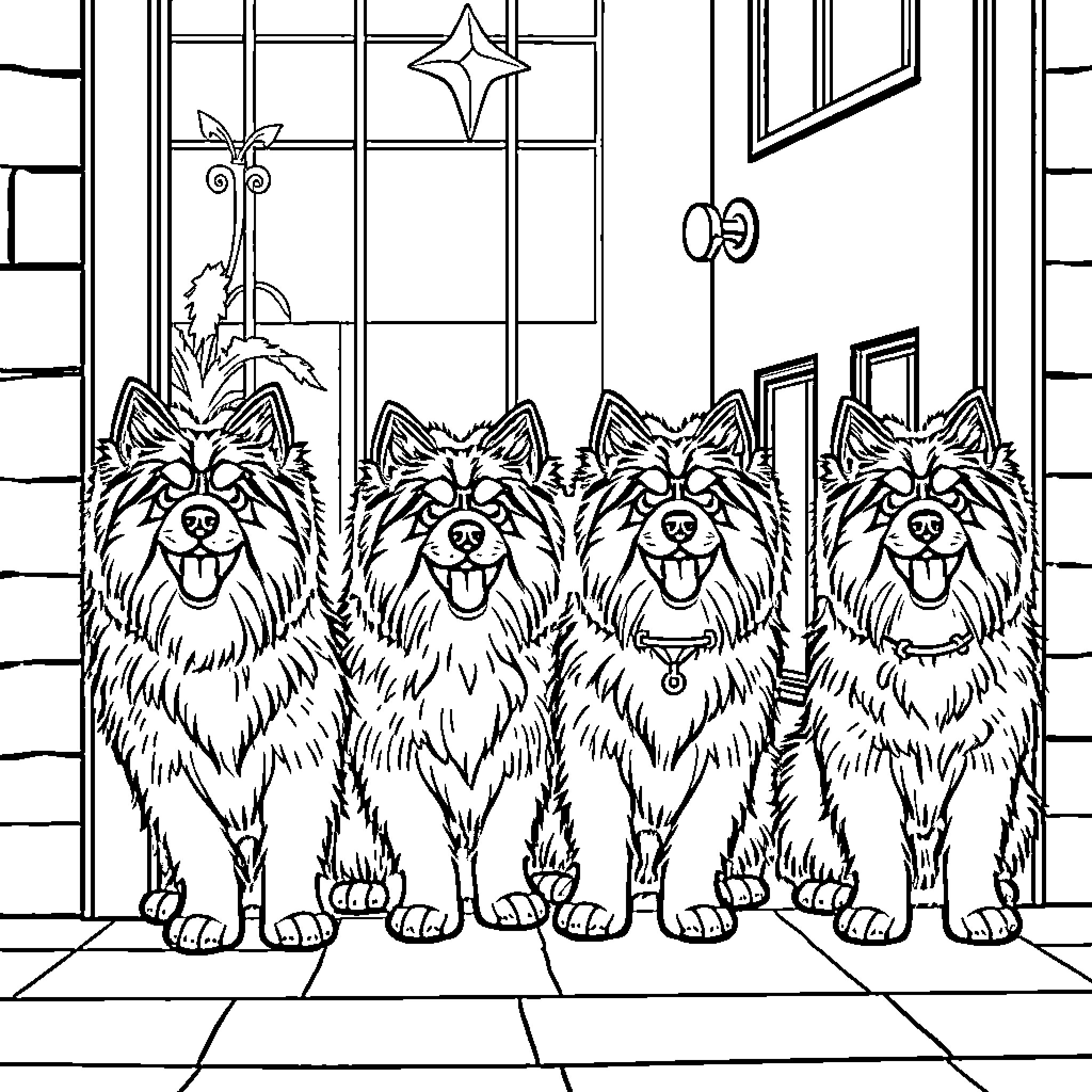 Keeshond pups playing joyfully in the room Coloring Page (free black-and-white line drawing printable PDF for all, from beginners to advanced learners, including children, teens, adults, and seniors)