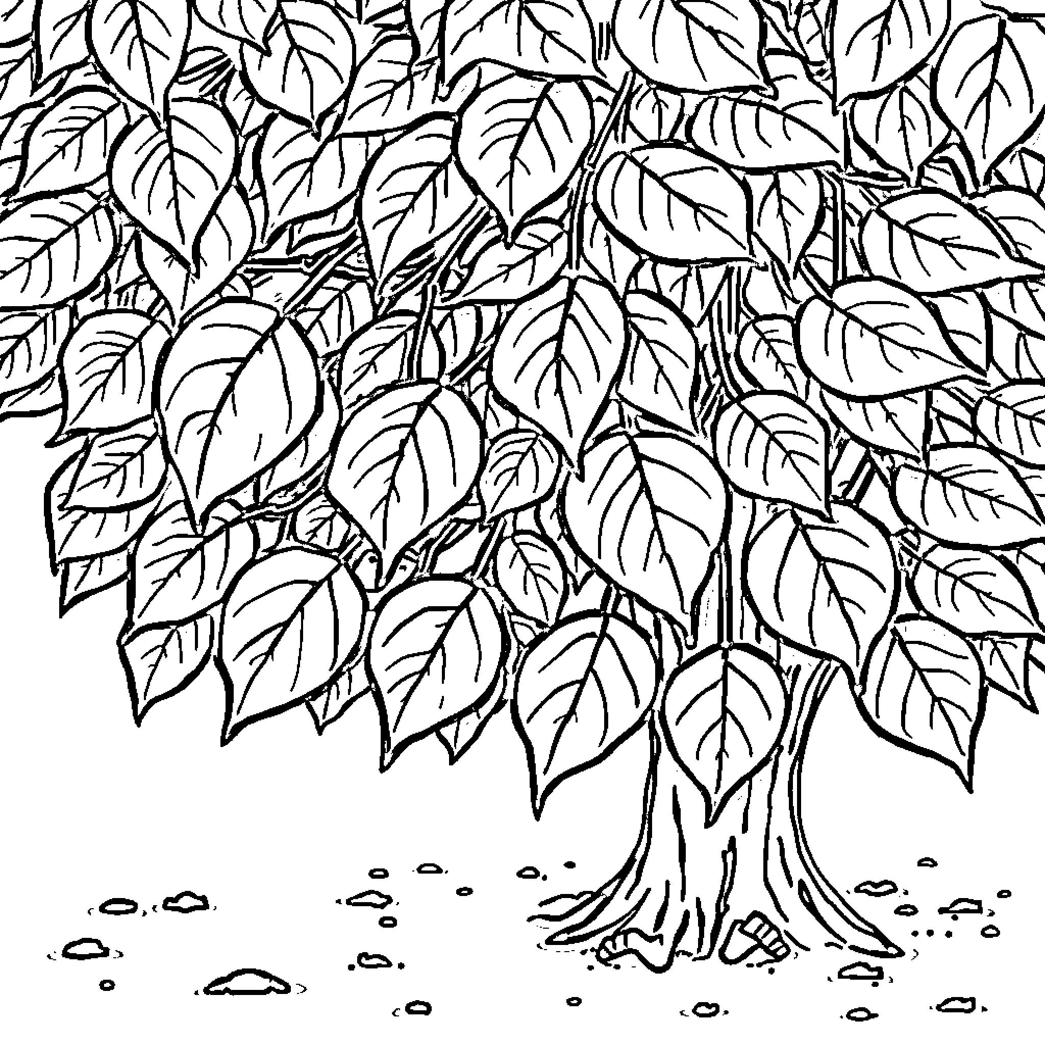 Leaf-filled forest scene with intricate foliage Coloring Page (free black-and-white line drawing printable PDF for all, from beginners to advanced learners, including children, teens, adults, and seniors)