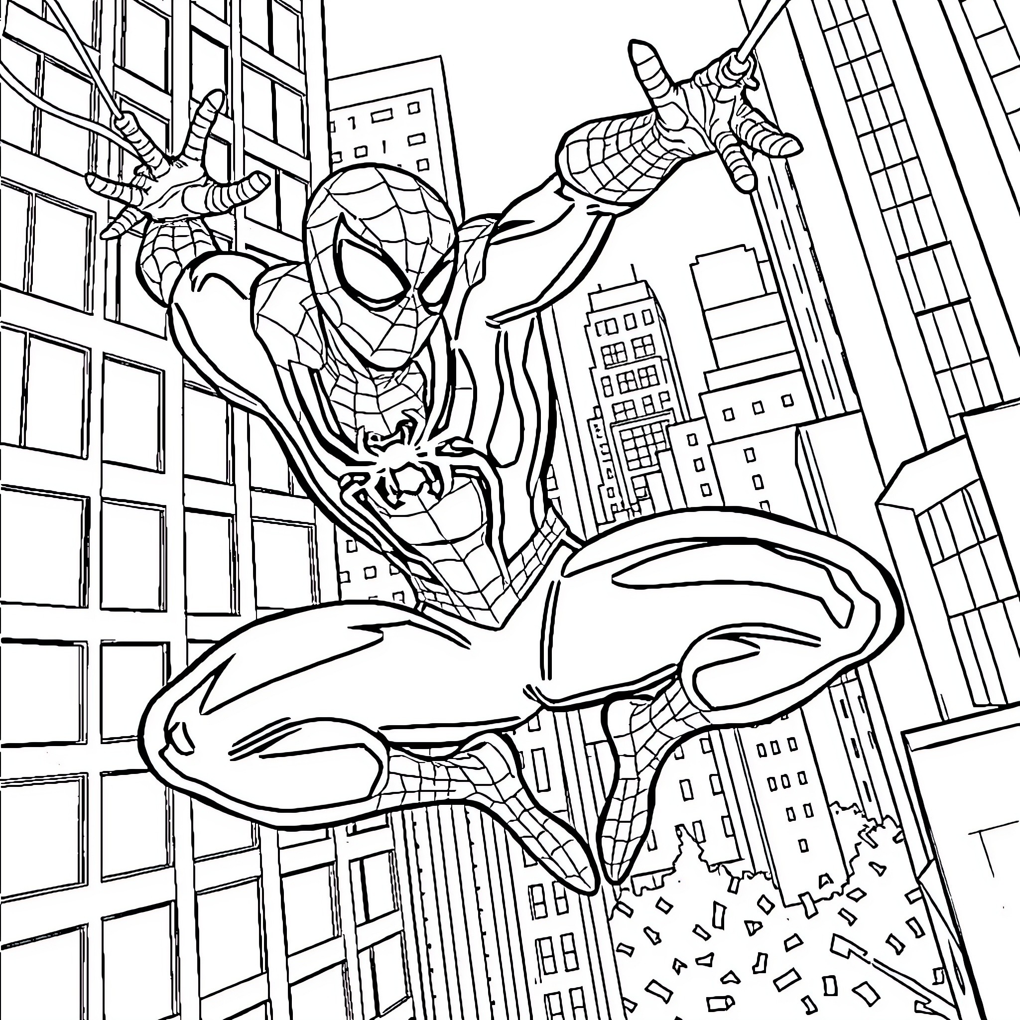 Spider-Man swinging through the city skyline Coloring Page (free black-and-white line drawing printable PDF for all, from beginners to advanced learners, including children, teens, adults, and seniors)