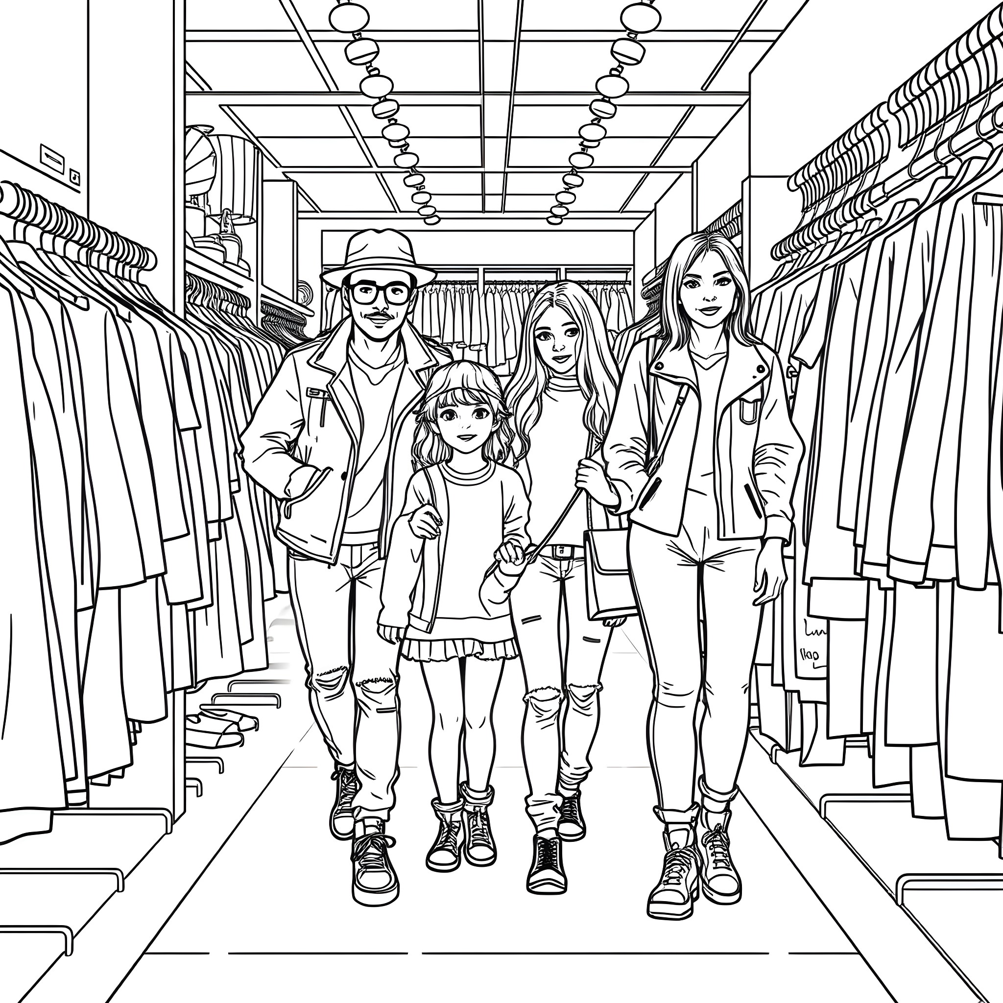 Family Outing at the Clothing Store Coloring Page (free black-and-white line drawing printable PDF for all, from beginners to advanced learners, including children, teens, adults, and seniors)