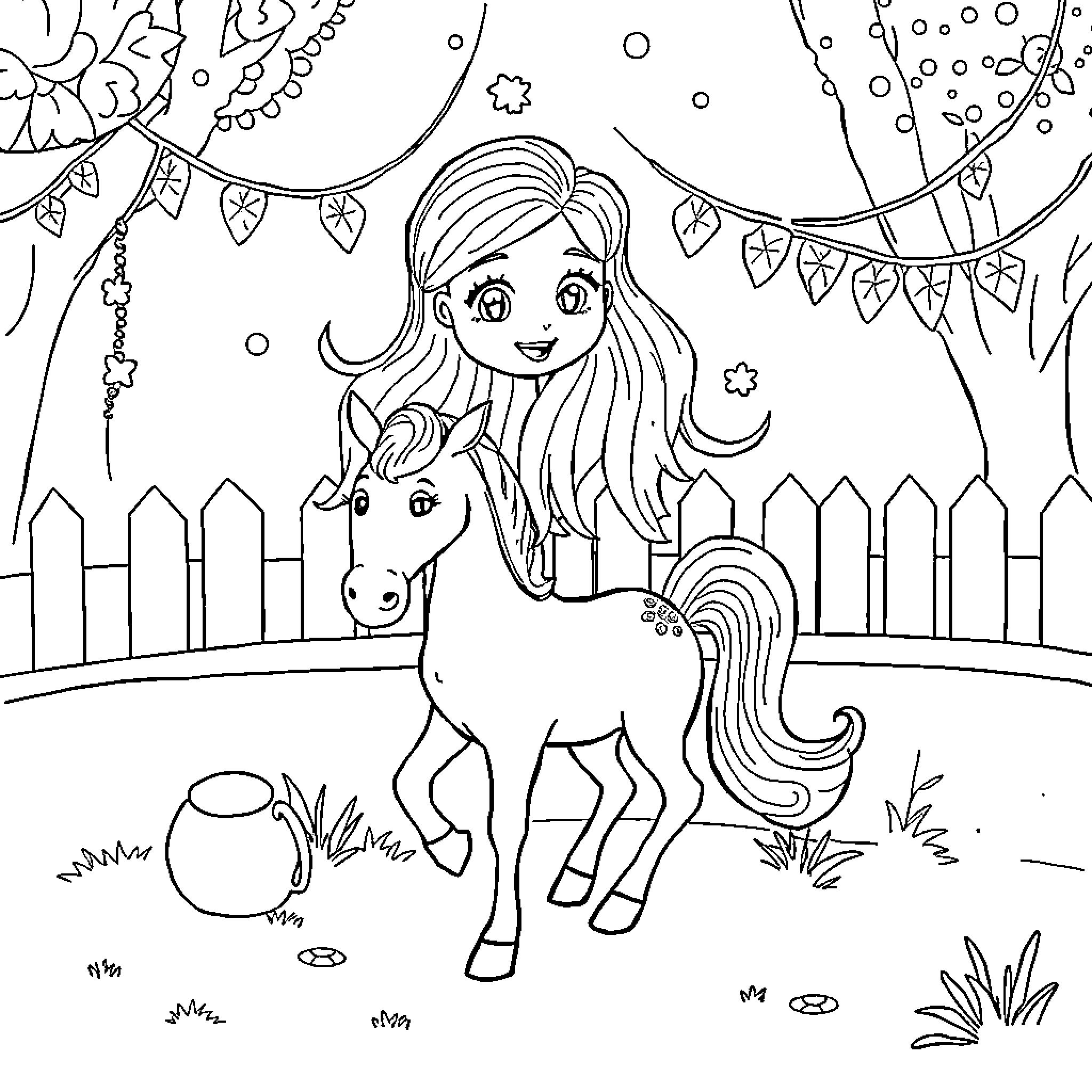Castañera's Joyful Play with Unicorn in Festive Setting Coloring Page (free black-and-white line drawing printable PDF for all, from beginners to advanced learners, including children, teens, adults, and seniors)