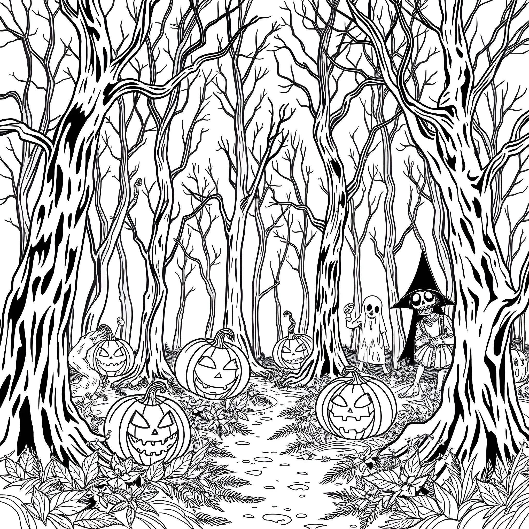 Halloween Spooky Forest with Carved Pumpkins Coloring Page (free black-and-white line drawing printable PDF for all, from beginners to advanced learners, including children, teens, adults, and seniors)