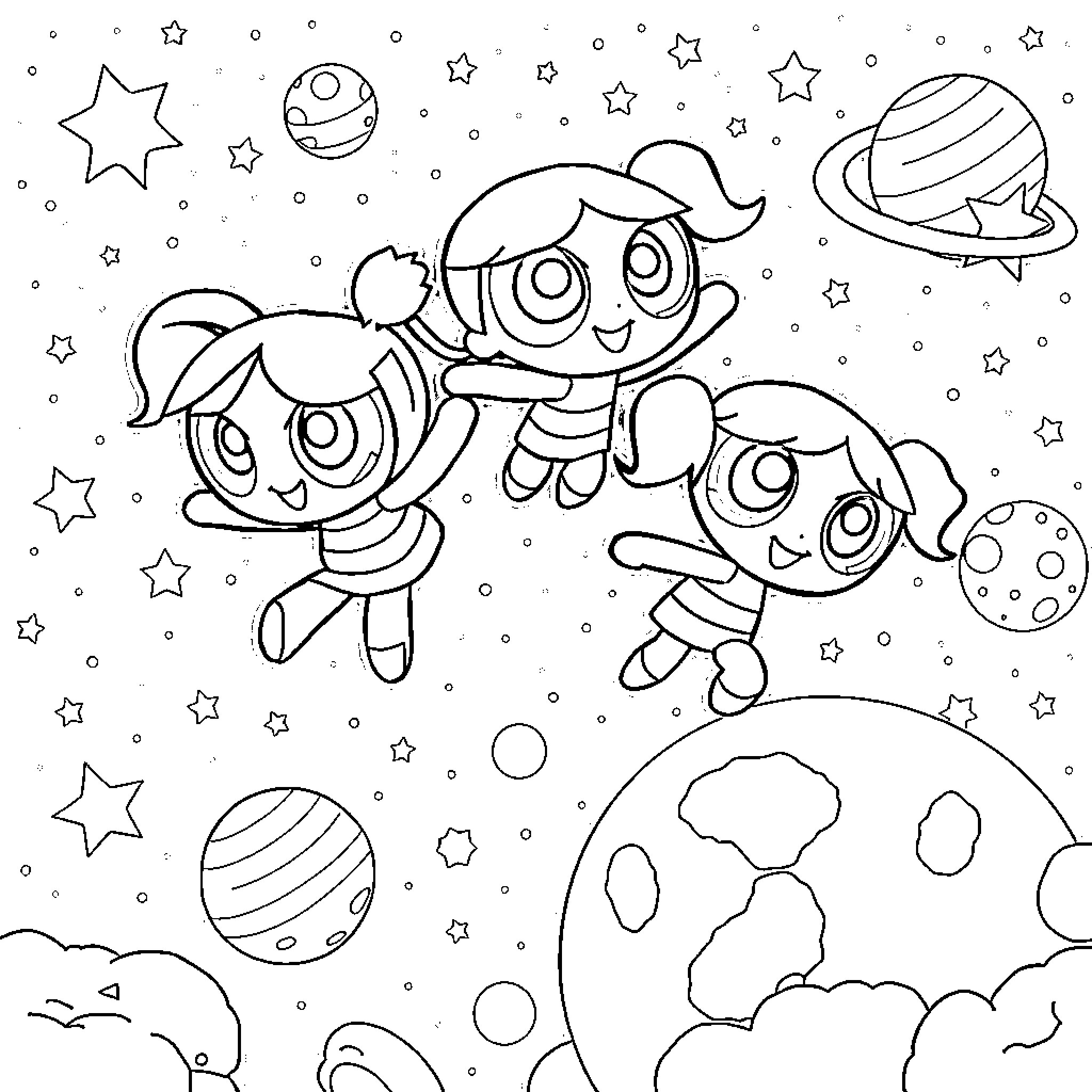 Powerpuff Girls exploring the cosmos Coloring Page (free black-and-white line drawing printable PDF for all, from beginners to advanced learners, including children, teens, adults, and seniors)