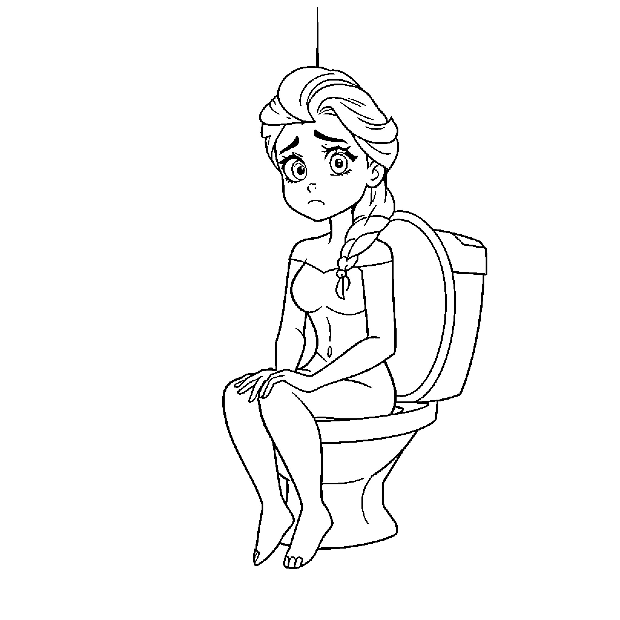 Elsa in a Distressed Pose on a Toilet Coloring Page (free black-and-white line drawing printable PDF for all, from beginners to advanced learners, including children, teens, adults, and seniors)