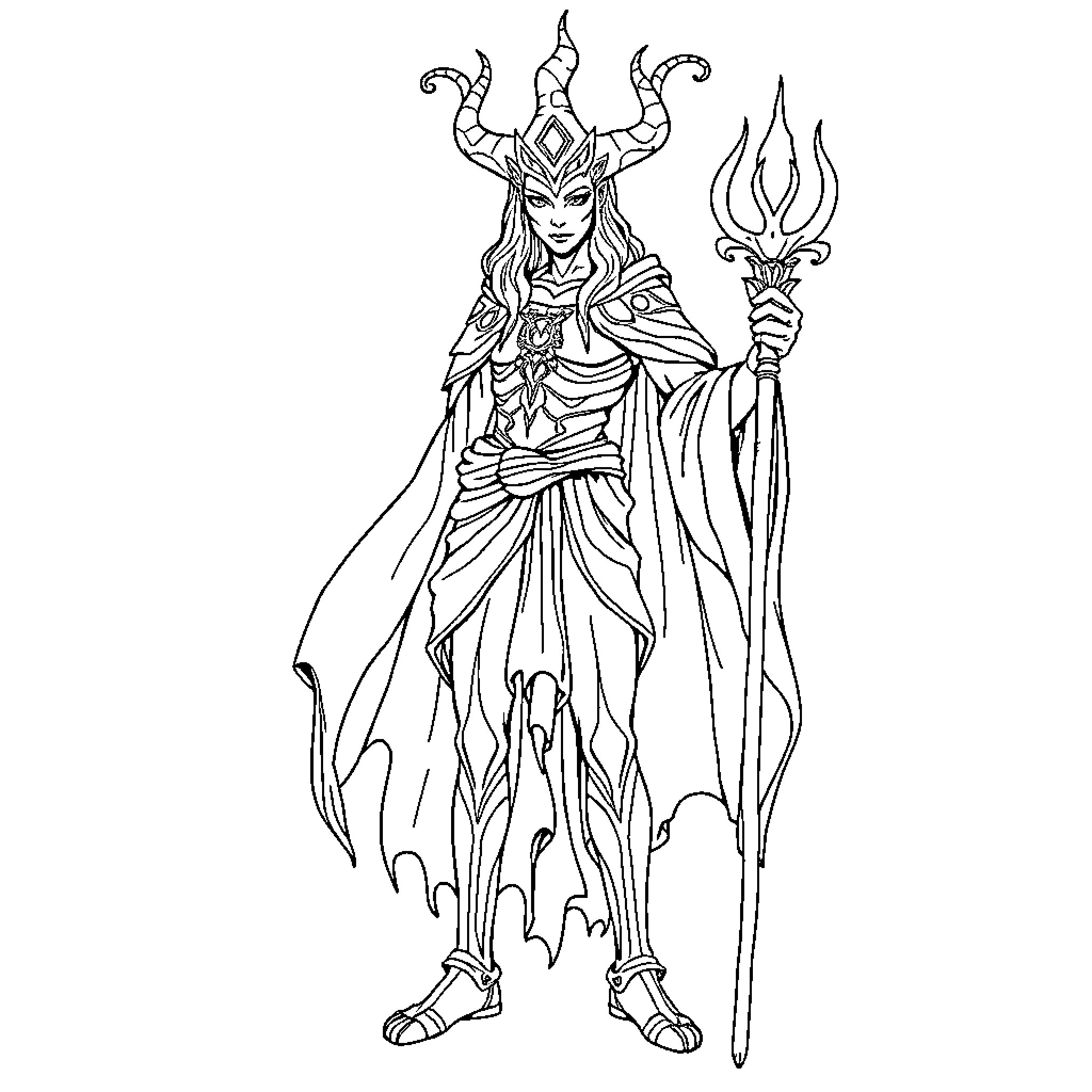 Melascula, the Demonic Mistress in Fantastical Attire Coloring Page (free black-and-white line drawing printable PDF for all, from beginners to advanced learners, including children, teens, adults, and seniors)