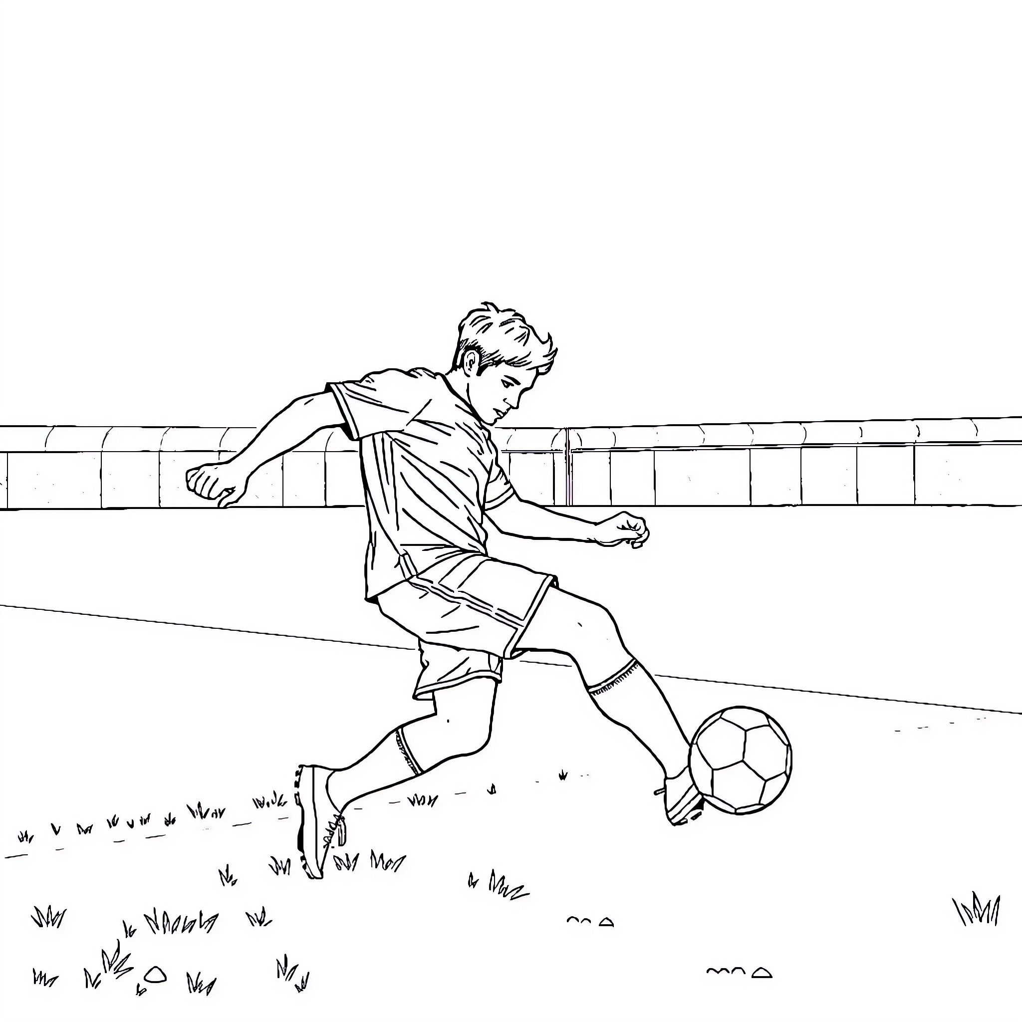 Marciano Kicking Soccer Ball on Field Coloring Page (free black-and-white line drawing printable PDF for all, from beginners to advanced learners, including children, teens, adults, and seniors)
