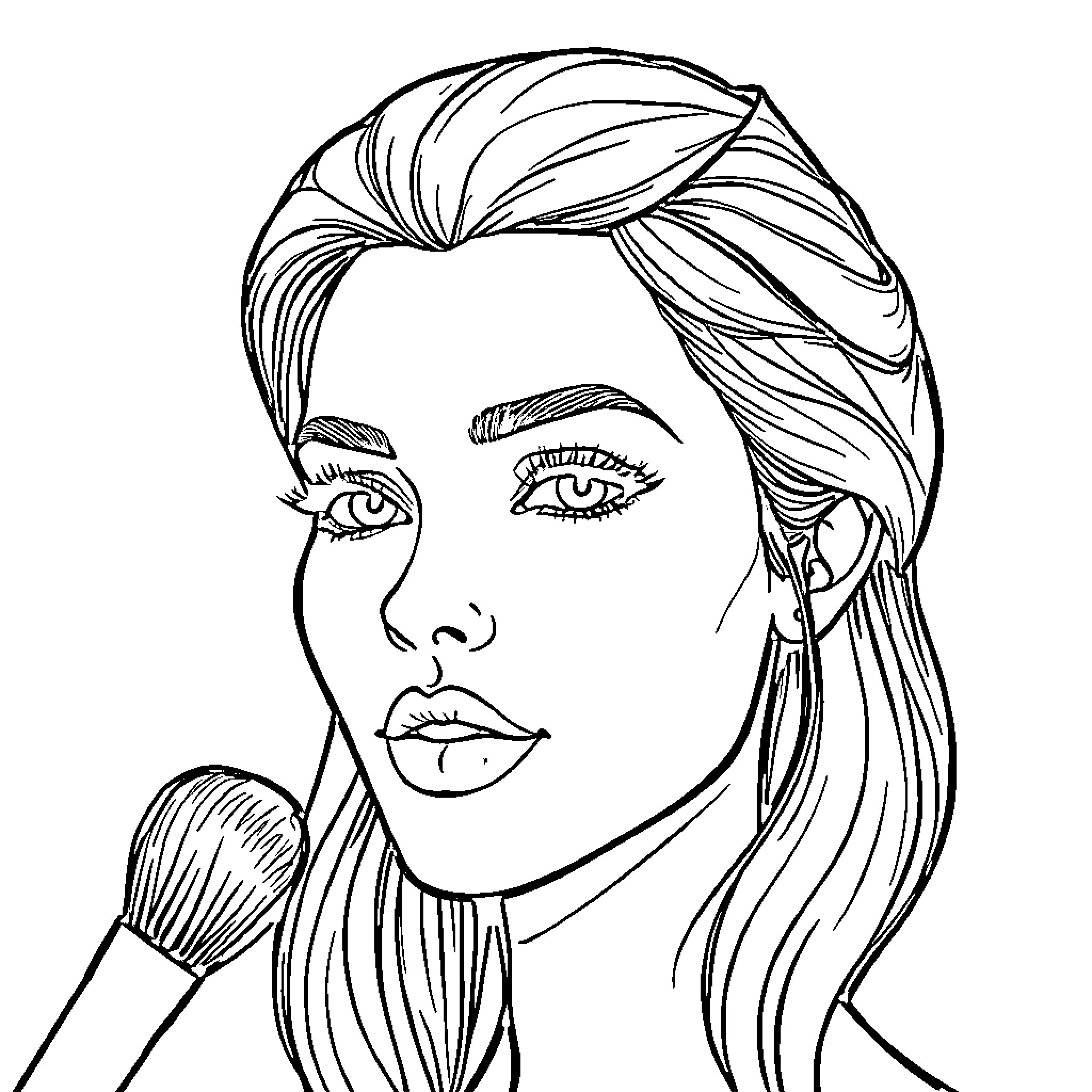 Face of Woman Applying Makeup with Brush Coloring Page (free black-and-white line drawing printable PDF for all, from beginners to advanced learners, including children, teens, adults, and seniors)