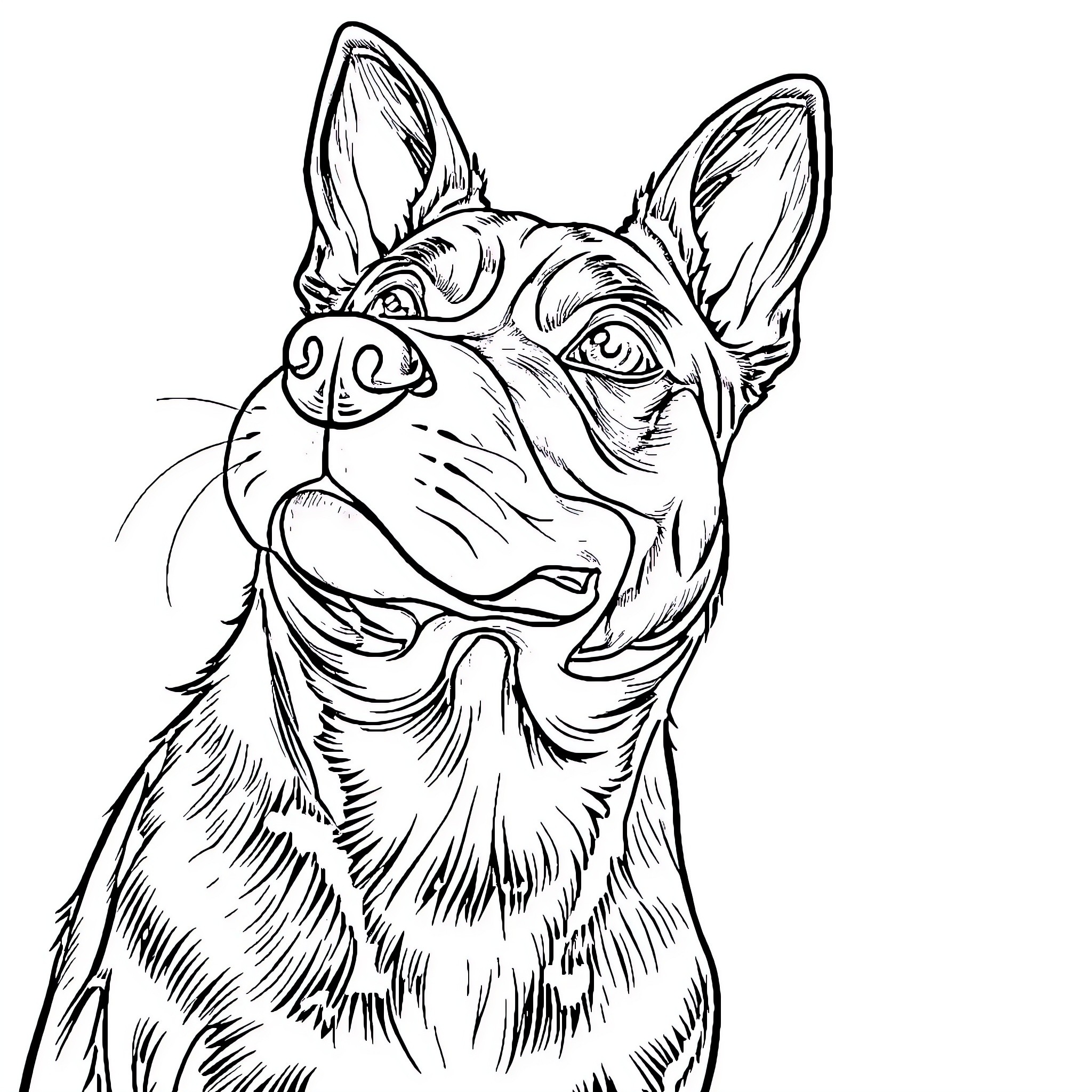Dog with Expressive Facial Features Coloring Page (free black-and-white line drawing printable PDF for all, from beginners to advanced learners, including children, teens, adults, and seniors)