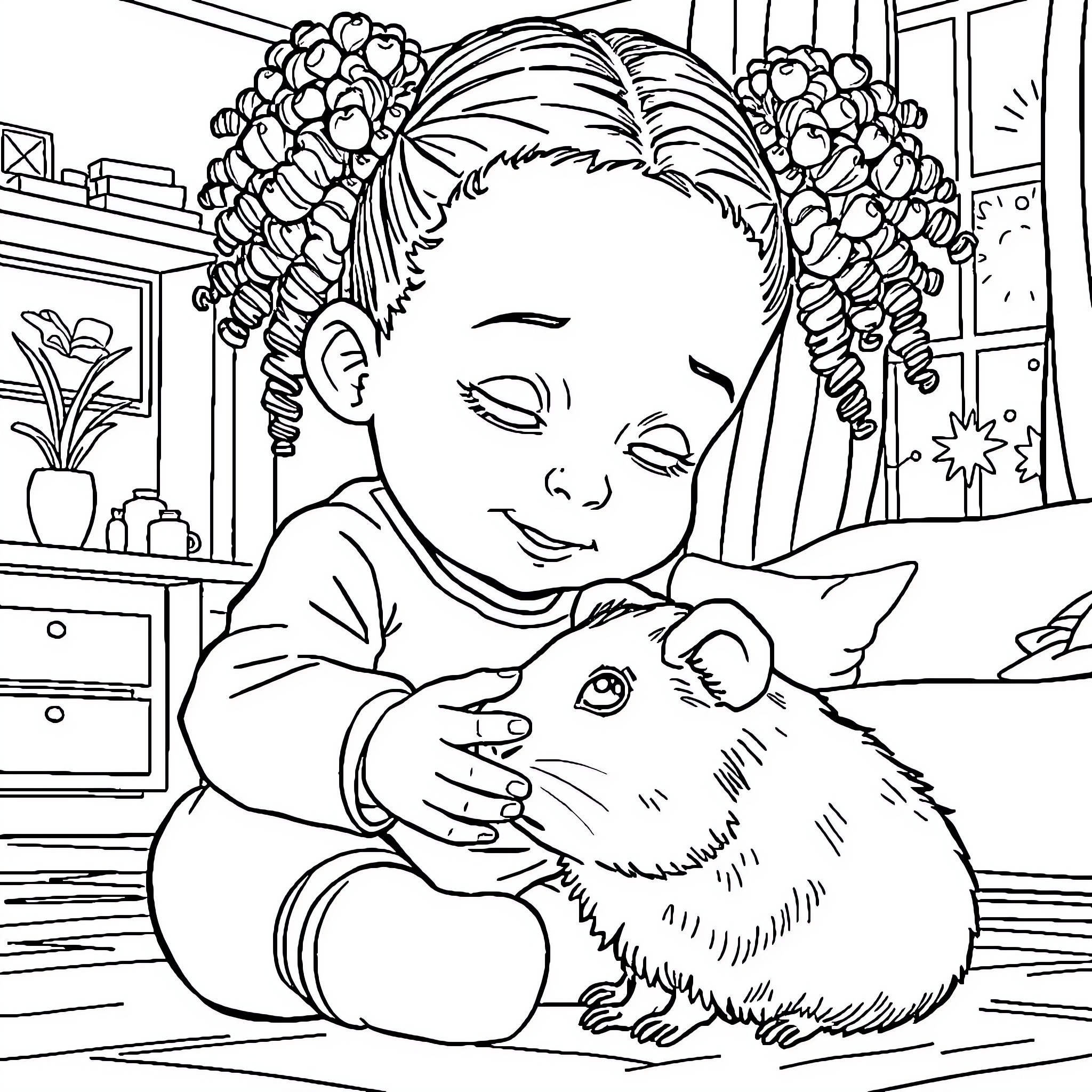 Toddler playing joyfully with pet hamster Coloring Page (free black-and-white line drawing printable PDF for all, from beginners to advanced learners, including children, teens, adults, and seniors)