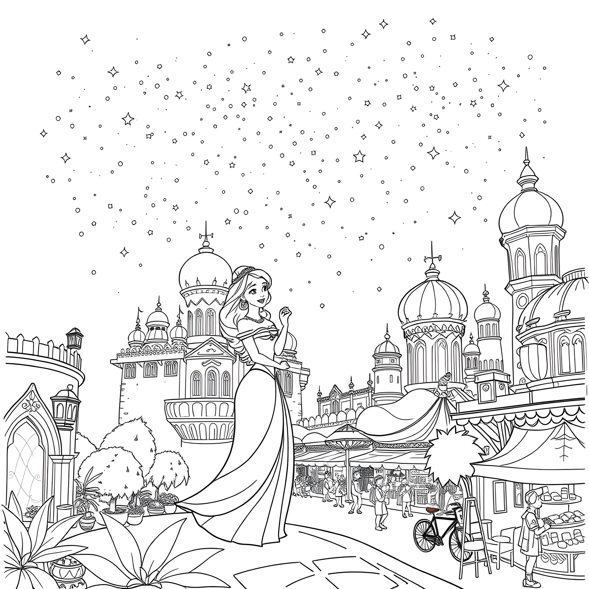 Jasmine's Journey through the Enchanting Marketplace Coloring Page (free black-and-white line drawing printable PDF for all, from beginners to advanced learners, including children, teens, adults, and seniors)