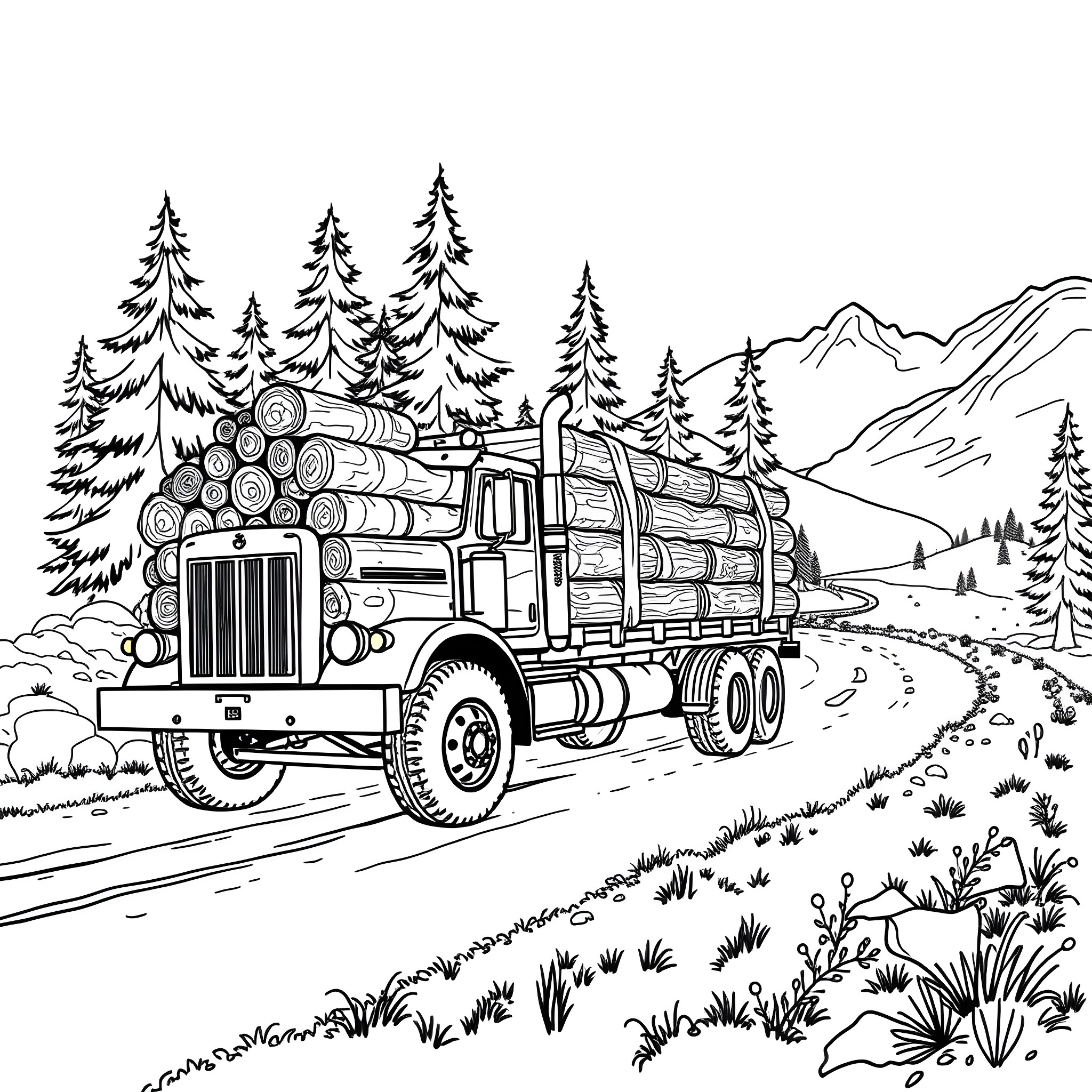 Wood Truck Transporting Logs on Mountain Road Coloring Page (free black-and-white line drawing printable PDF for all, from beginners to advanced learners, including children, teens, adults, and seniors)