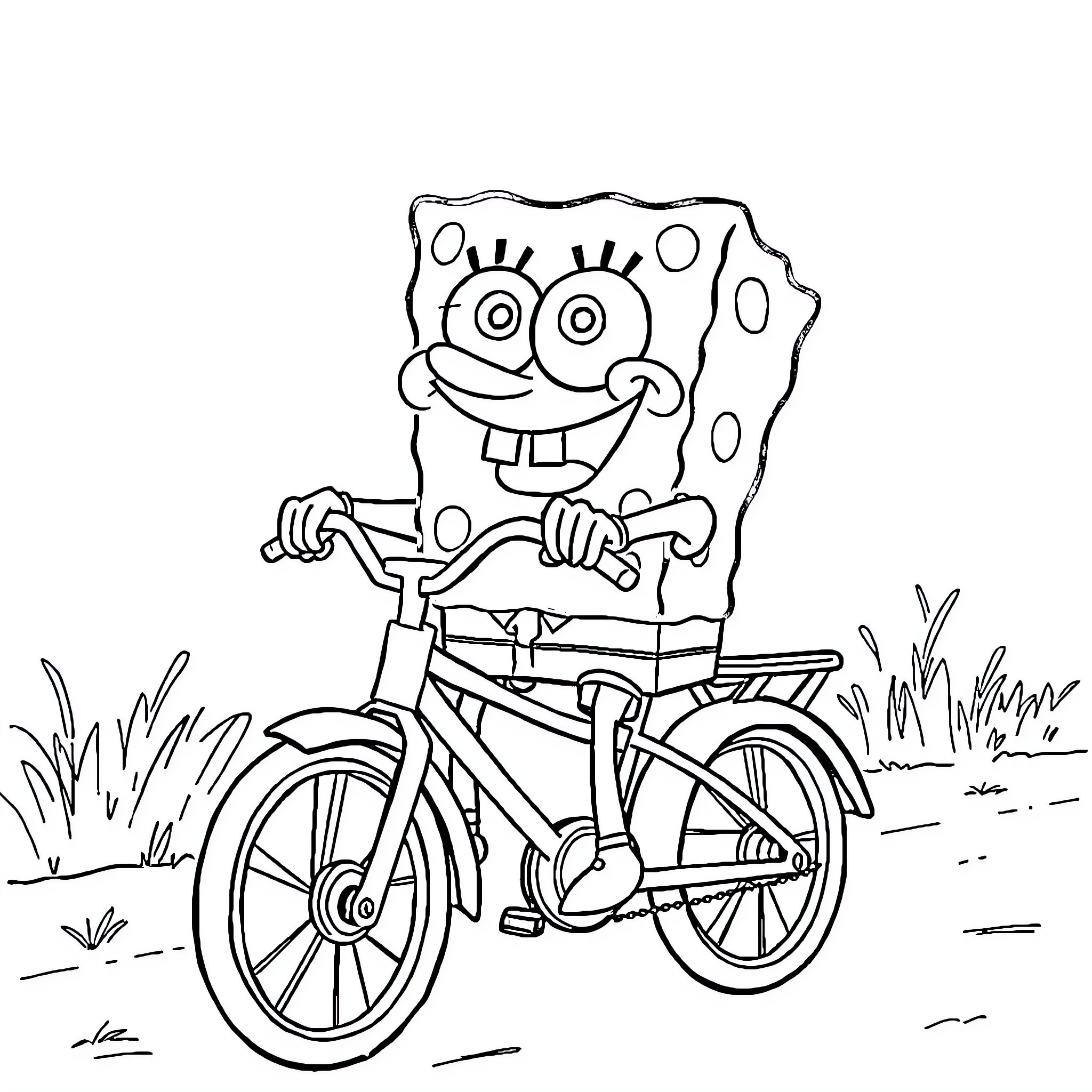 Spongebob riding a bicycle in the park Coloring Page (free black-and-white line drawing printable PDF for all, from beginners to advanced learners, including children, teens, adults, and seniors)