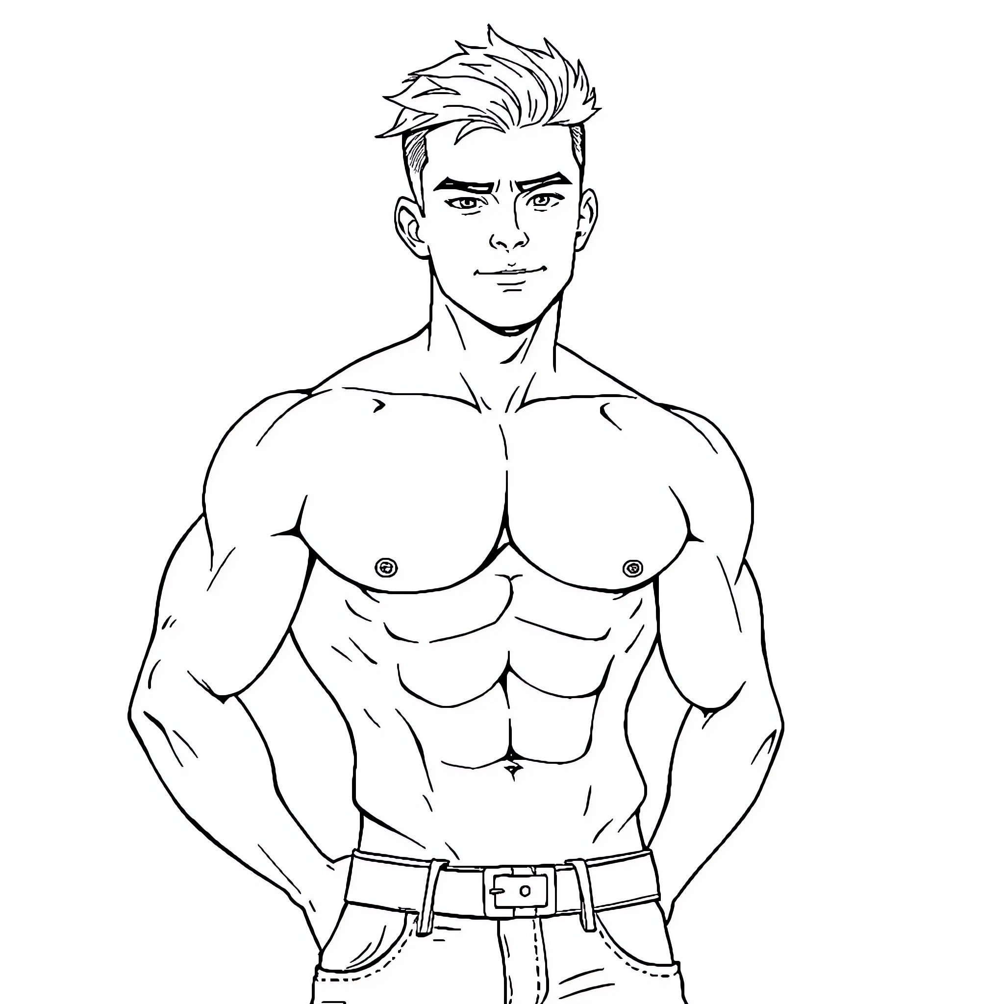 Scoups posing with muscular frame and determined expression Coloring Page (free black-and-white line drawing printable PDF for all, from beginners to advanced learners, including children, teens, adults, and seniors)