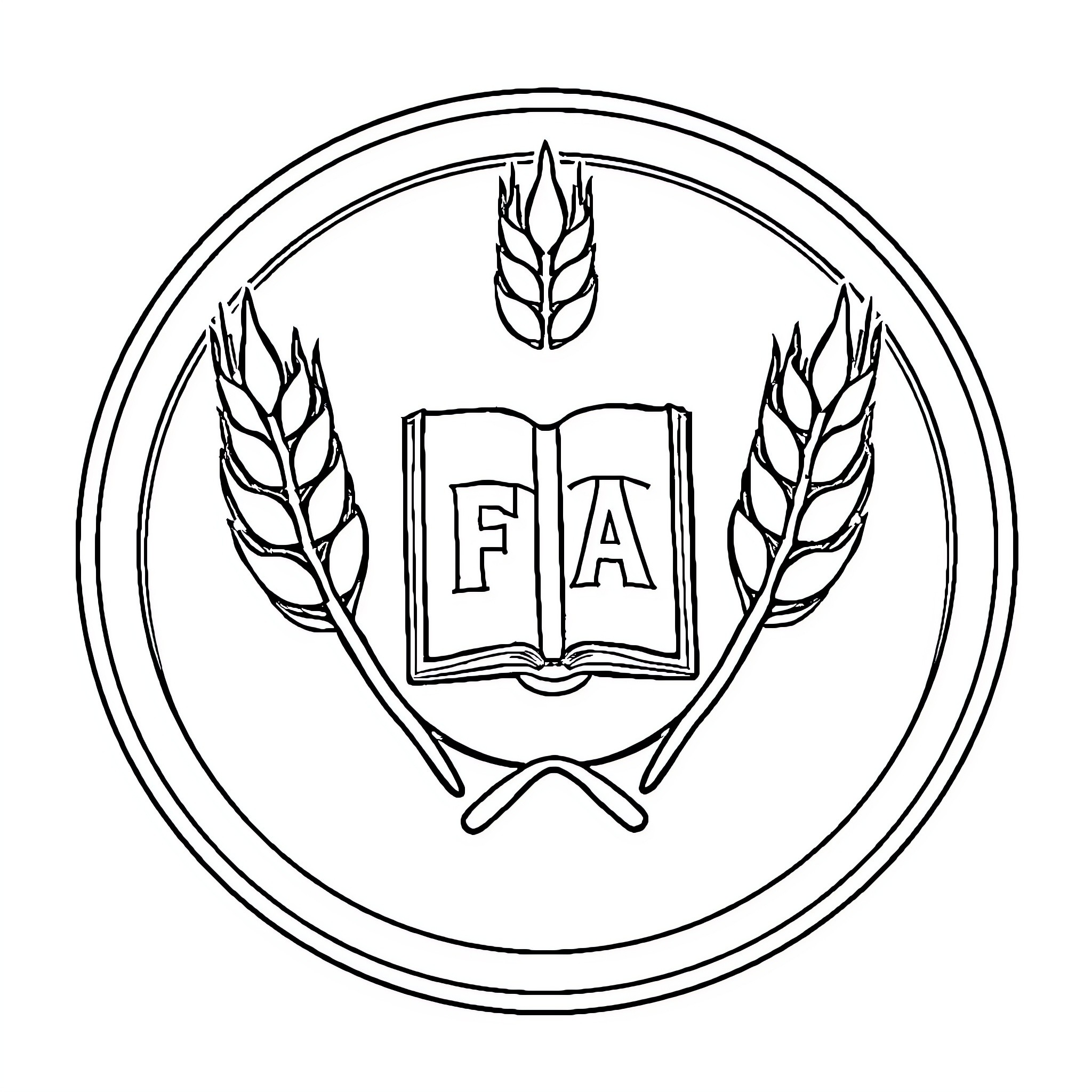 FFA Emblem with Wheat Stalks and Open Book Coloring Page (free black-and-white line drawing printable PDF for all, from beginners to advanced learners, including children, teens, adults, and seniors)