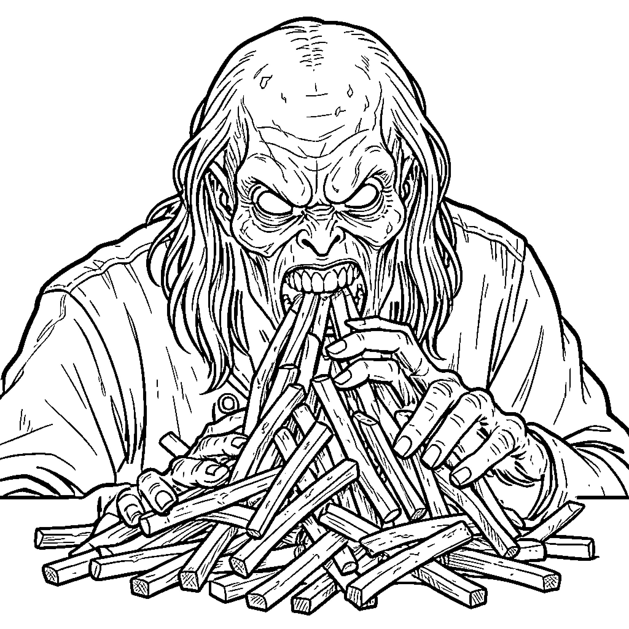 Demogorgon Devouring Wooden Sticks Coloring Page (free black-and-white line drawing printable PDF for all, from beginners to advanced learners, including children, teens, adults, and seniors)