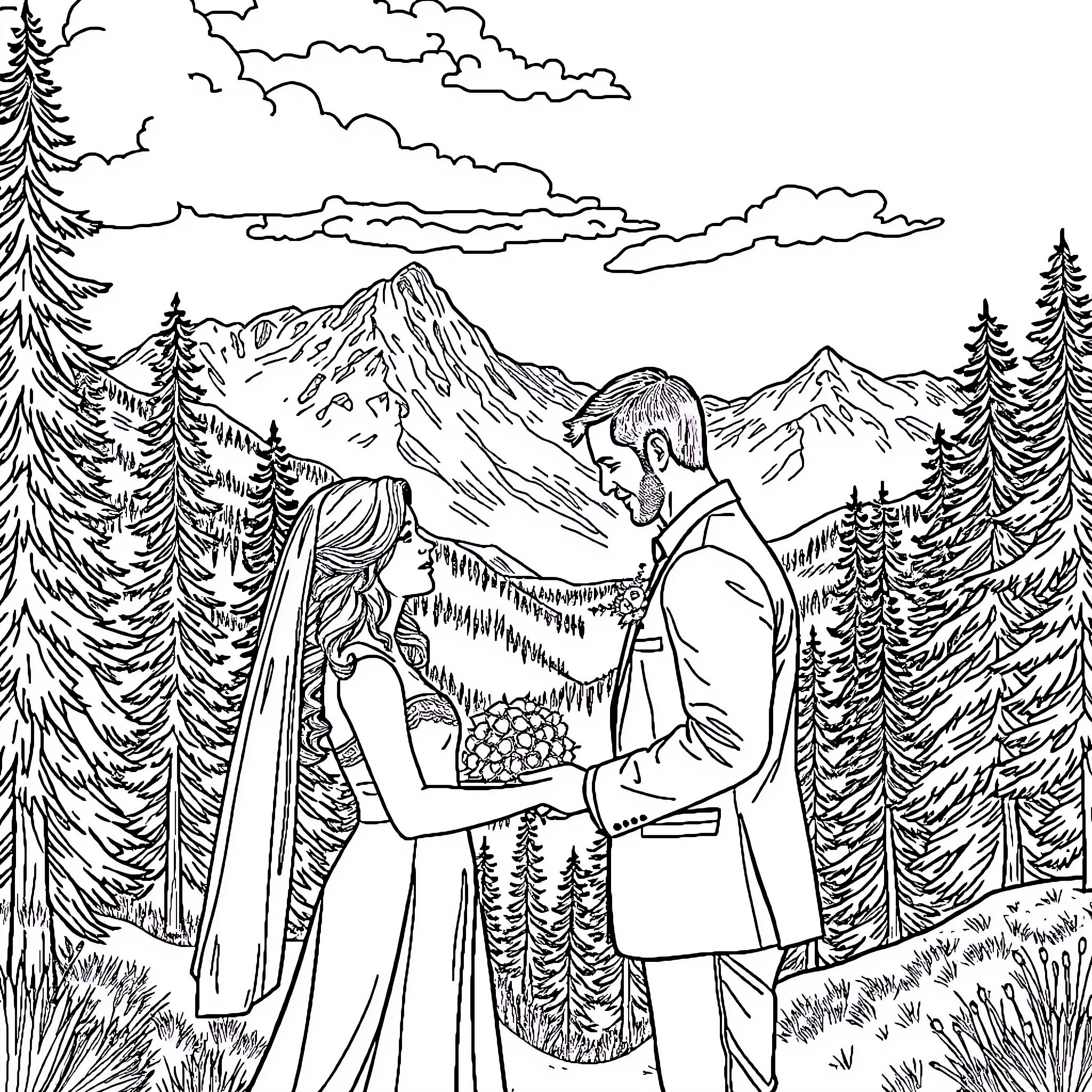 Marriage in the Majestic Mountain Landscape Coloring Page (free black-and-white line drawing printable PDF for all, from beginners to advanced learners, including children, teens, adults, and seniors)