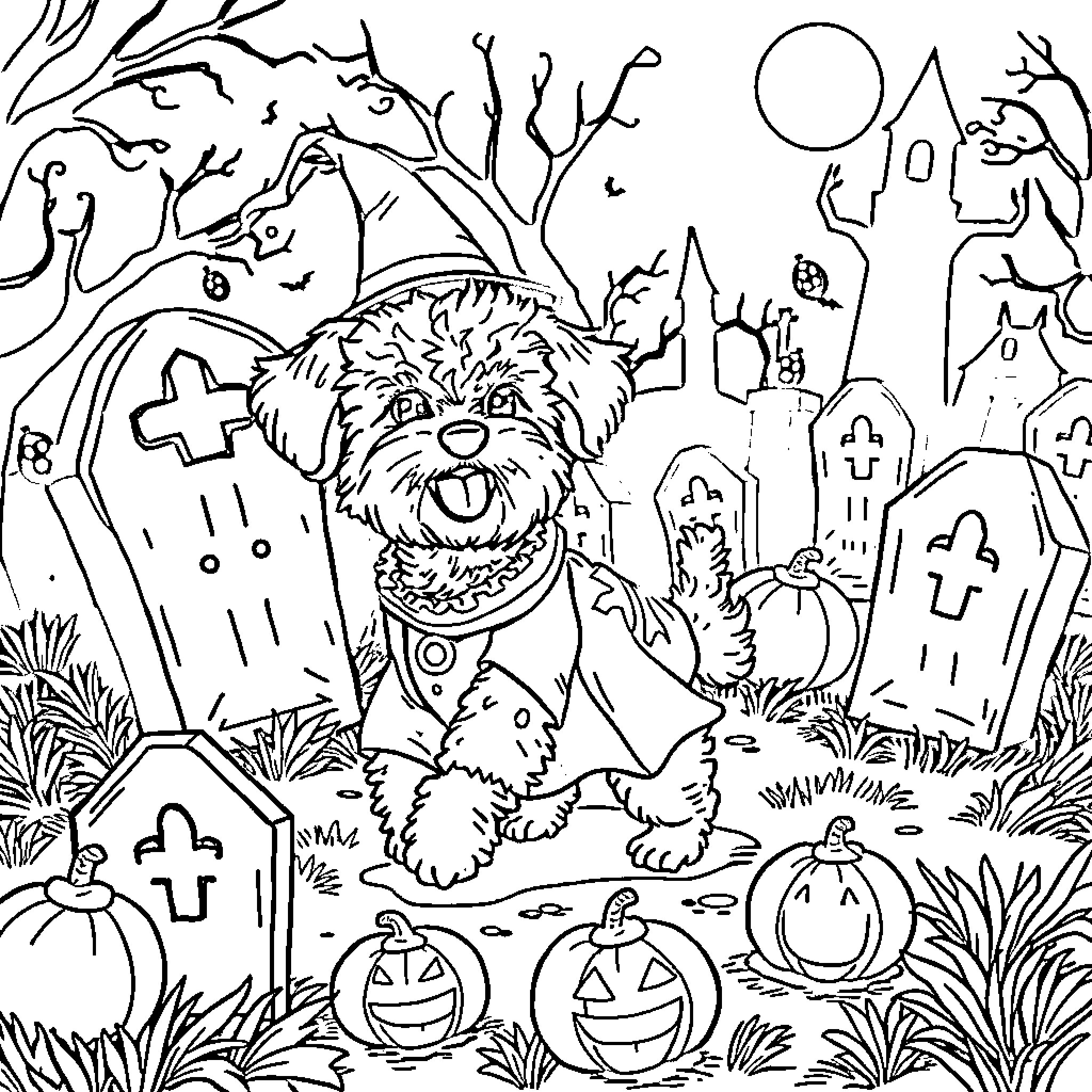 Bichon Frise playing in a spooky Halloween graveyard Coloring Page (free black-and-white line drawing printable PDF for all, from beginners to advanced learners, including children, teens, adults, and seniors)