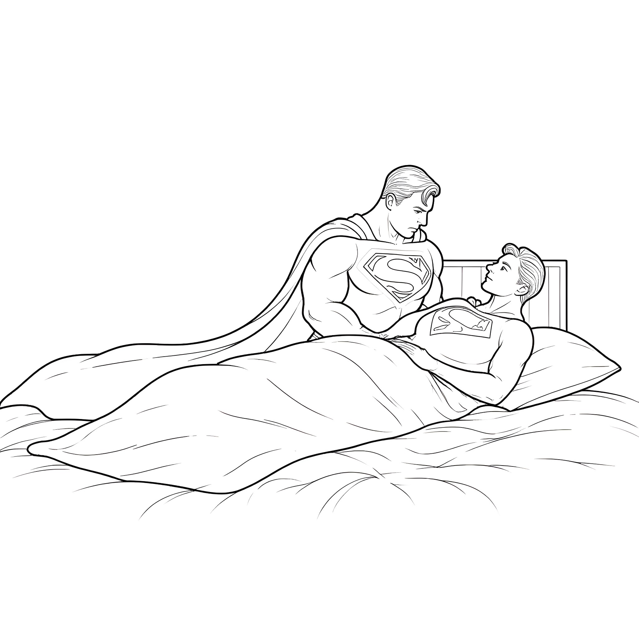 Superman comforting a child in bed Coloring Page (free black-and-white line drawing printable PDF for all, from beginners to advanced learners, including children, teens, adults, and seniors)
