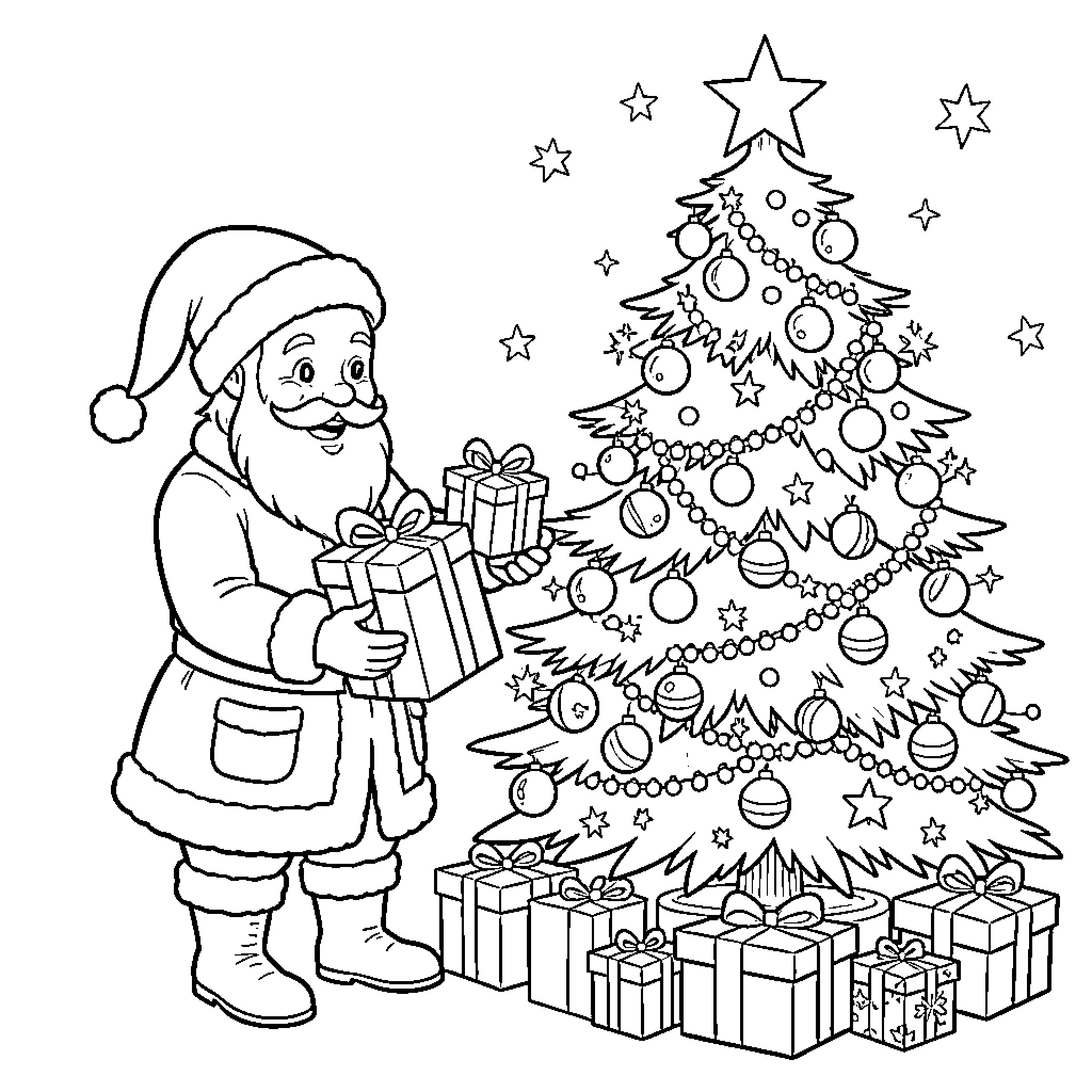 Santa Claus delivering gifts under the Christmas tree Coloring Page (free black-and-white line drawing printable PDF for all, from beginners to advanced learners, including children, teens, adults, and seniors)