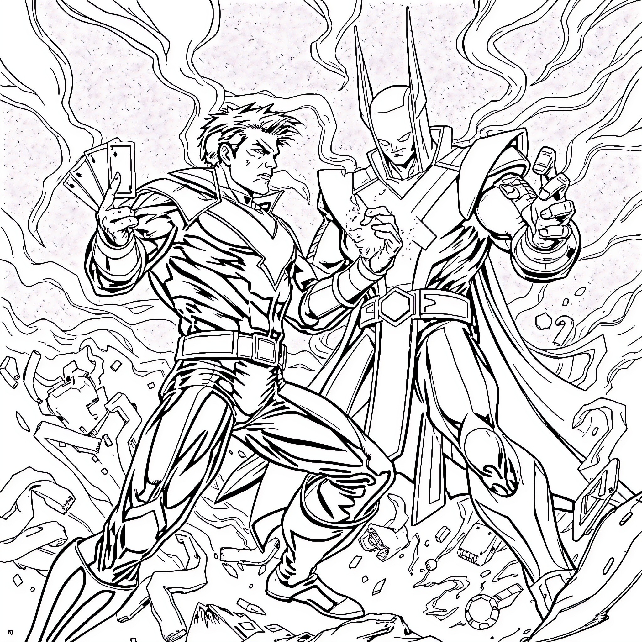 Gambit's Daring Exploits with Mighty Allies Coloring Page (free black-and-white line drawing printable PDF for all, from beginners to advanced learners, including children, teens, adults, and seniors)