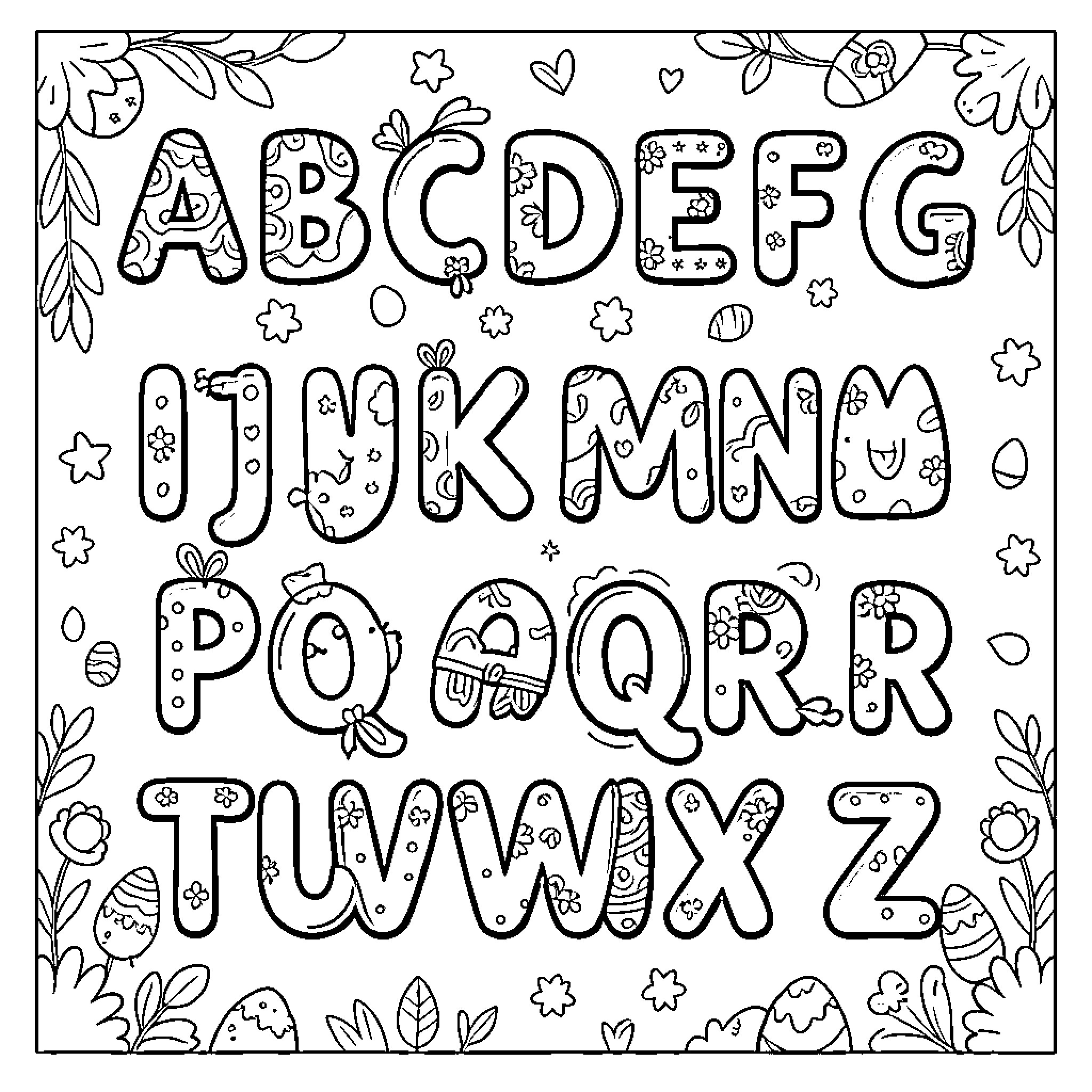 Easter Alphabet with playful lettering and floral decorations Coloring Page (free black-and-white line drawing printable PDF for all, from beginners to advanced learners, including children, teens, adults, and seniors)