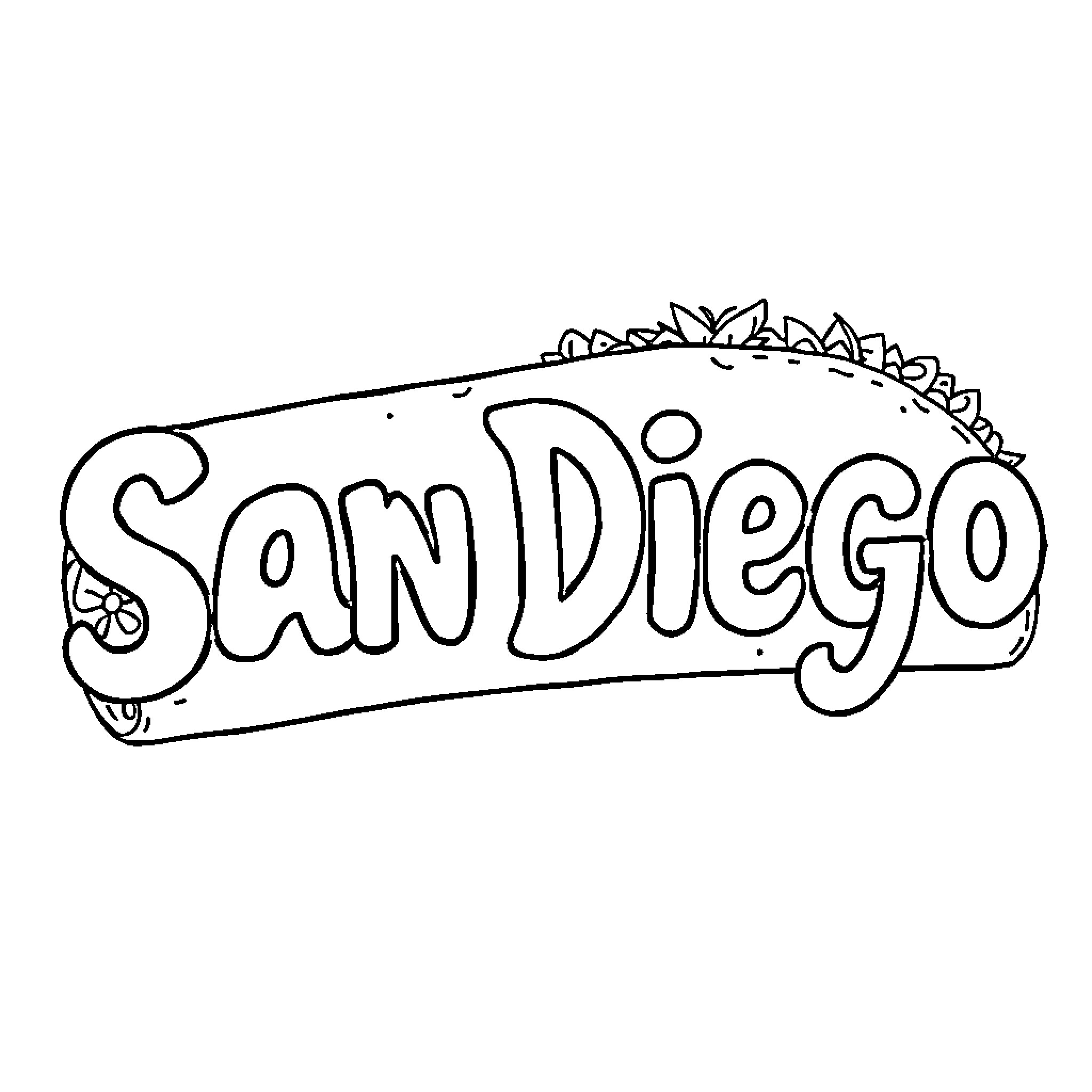 Burrito San Diego Coloring Page (free black-and-white line drawing printable PDF for all, from beginners to advanced learners, including children, teens, adults, and seniors)