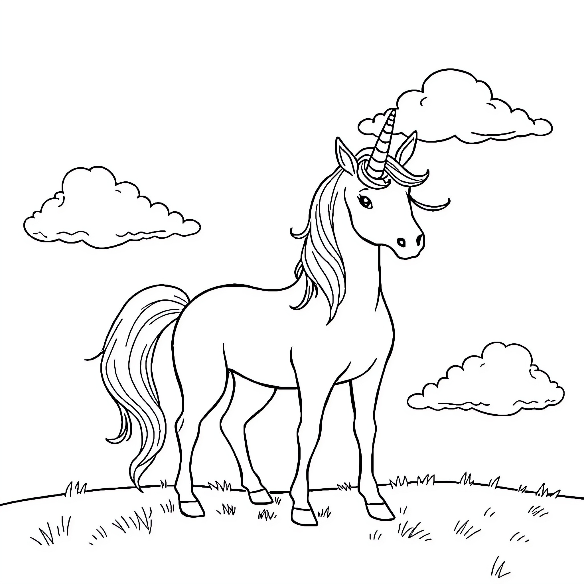 Unicorn standing proudly in a field of clouds Coloring Page (free black-and-white line drawing printable PDF for all, from beginners to advanced learners, including children, teens, adults, and seniors)