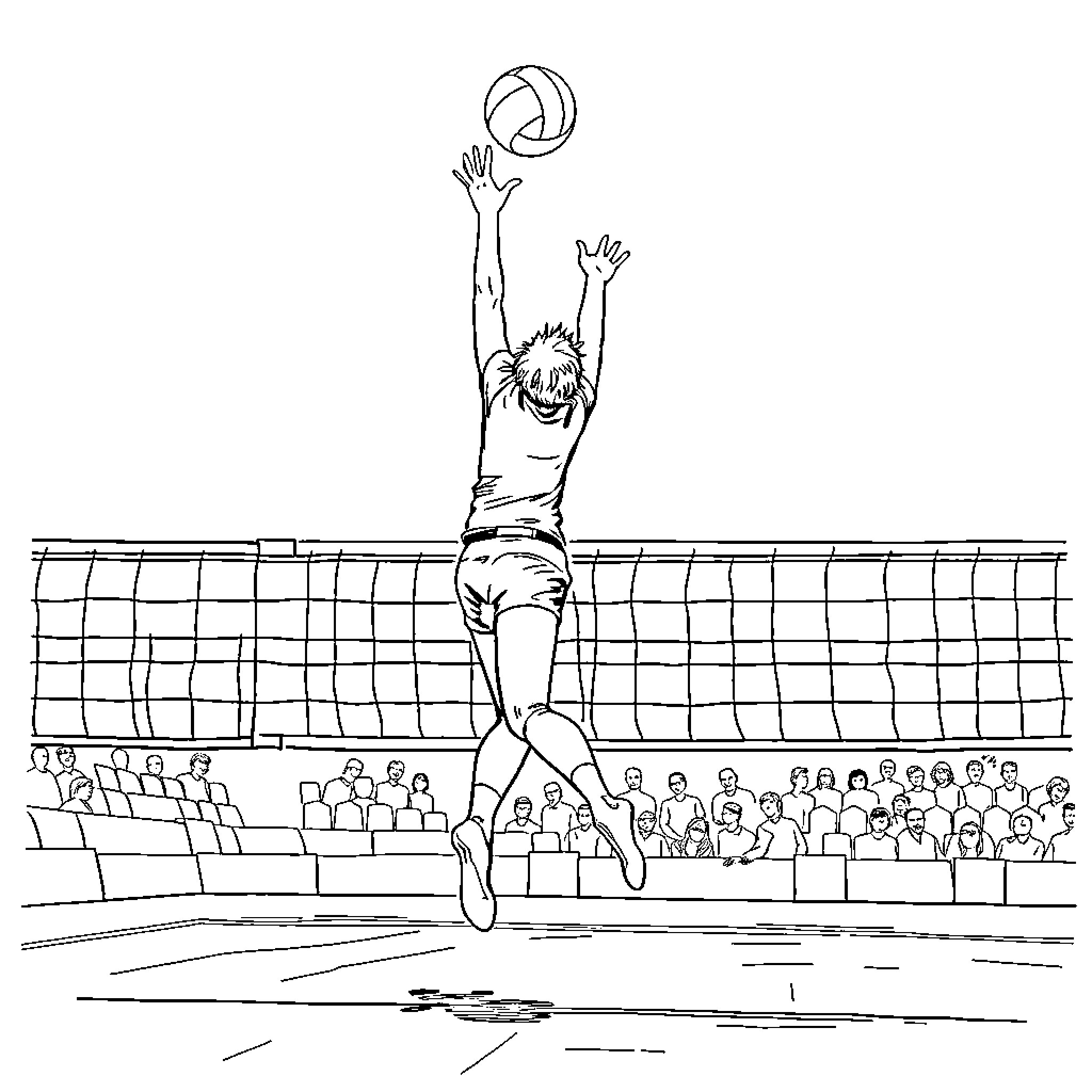 Volleyball player's impressive jump at the net Coloring Page (free black-and-white line drawing printable PDF for all, from beginners to advanced learners, including children, teens, adults, and seniors)