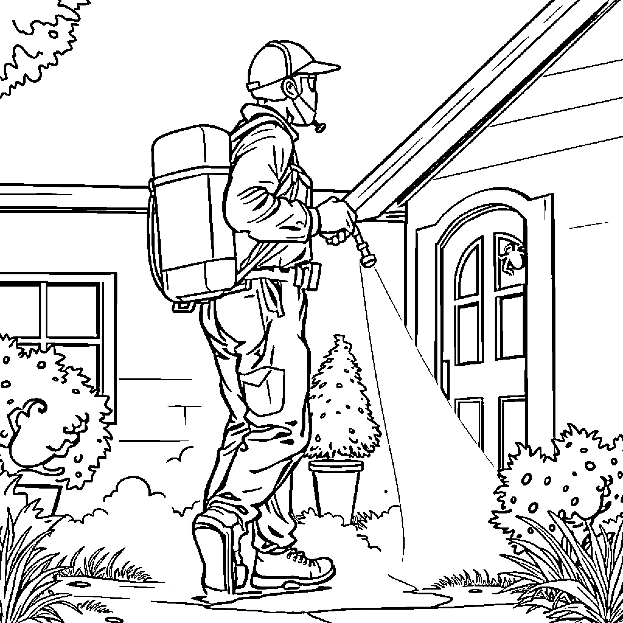Pest Control Operator spraying pesticide near building Coloring Page (free black-and-white line drawing printable PDF for all, from beginners to advanced learners, including children, teens, adults, and seniors)